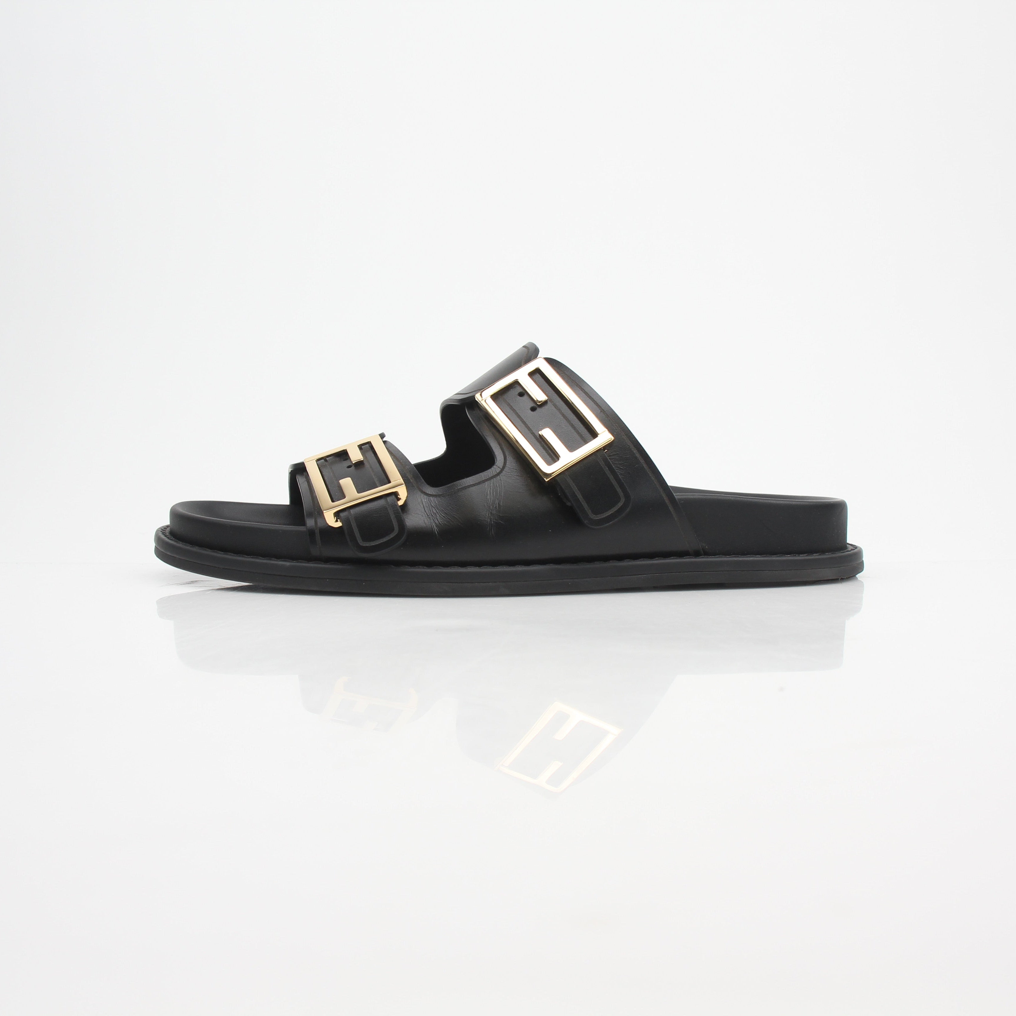 Fendi Women’s Vitello Fendi Feel Buckled Slide Sandals