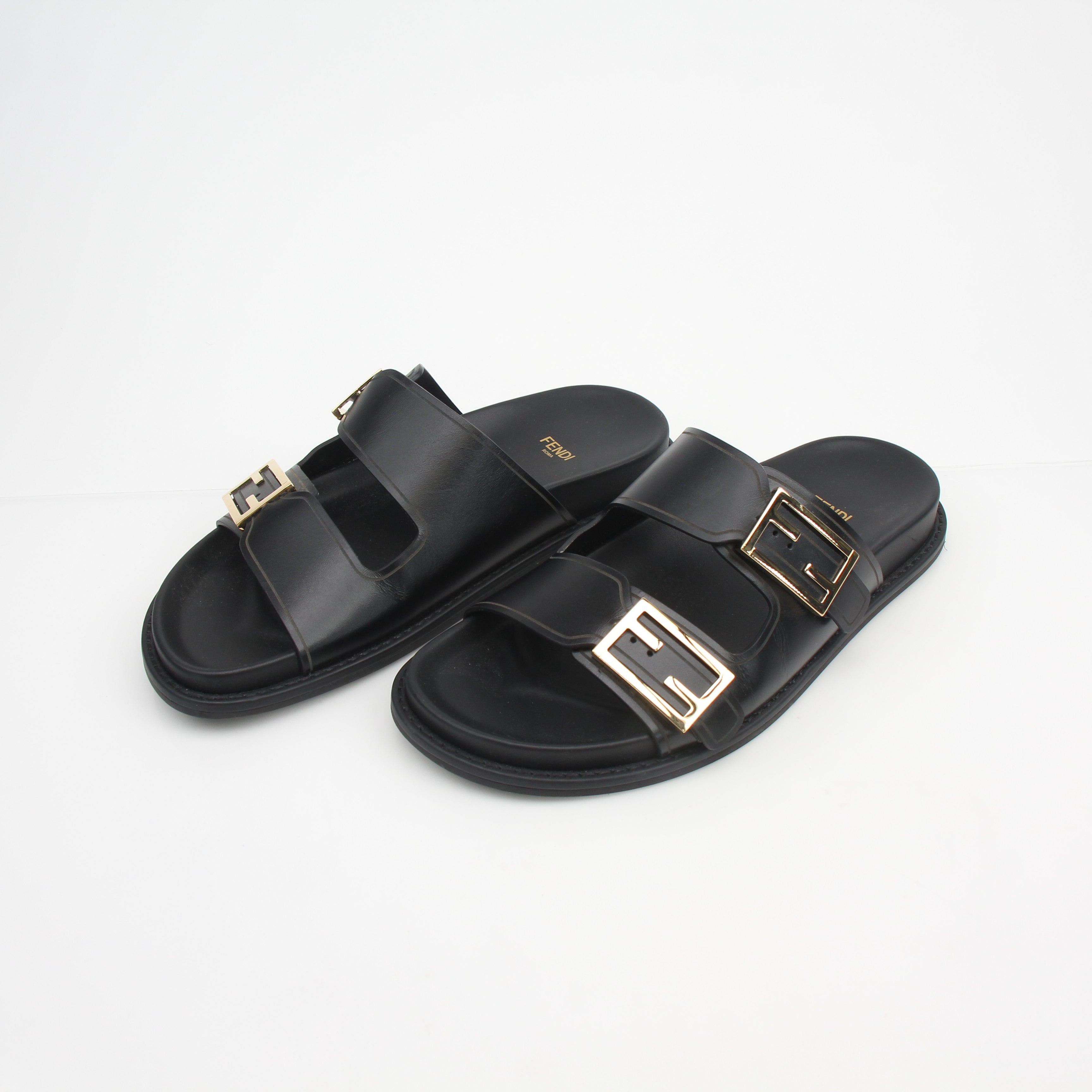 Fendi Women’s Vitello Fendi Feel Buckled Slide Sandals
