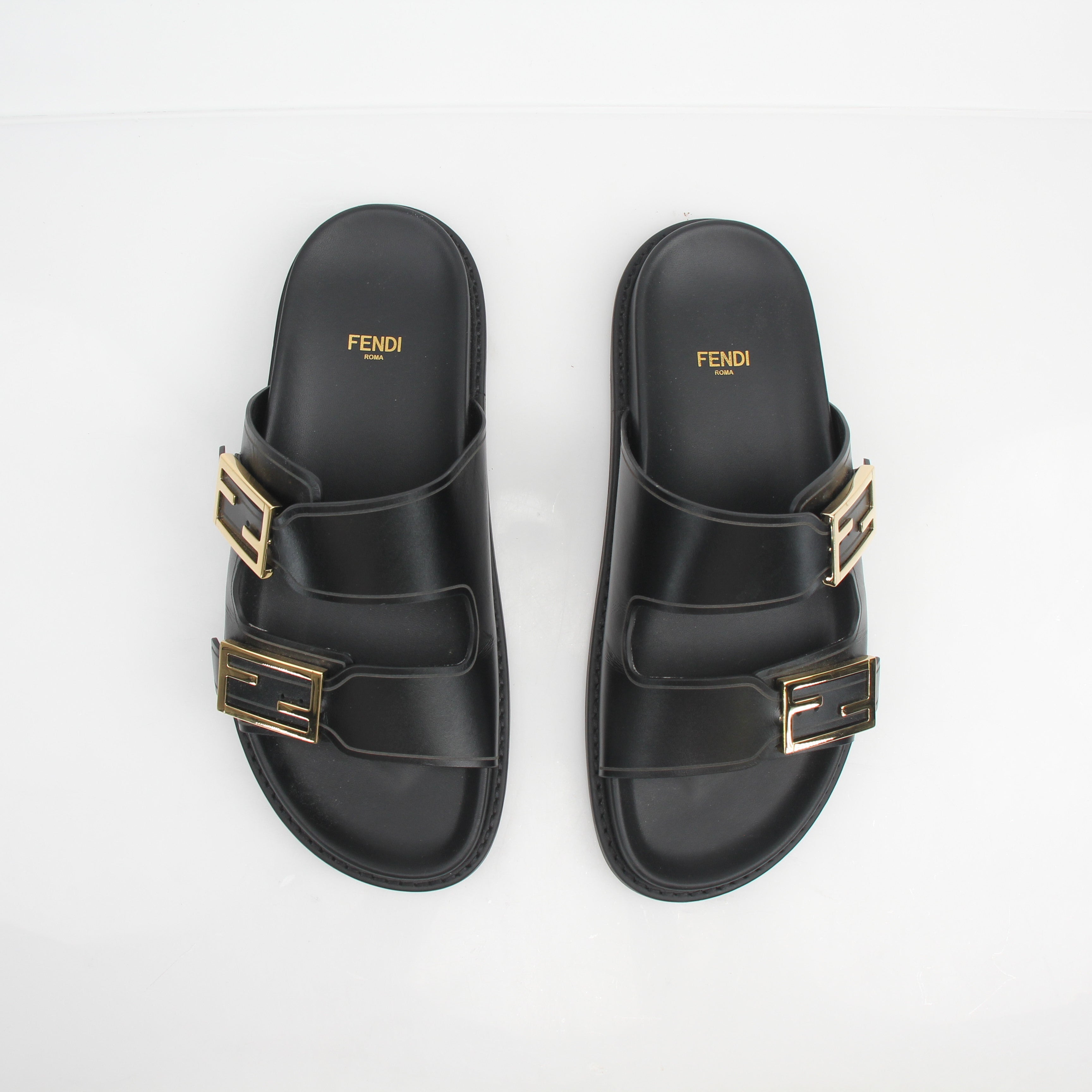 Fendi Women’s Vitello Fendi Feel Buckled Slide Sandals