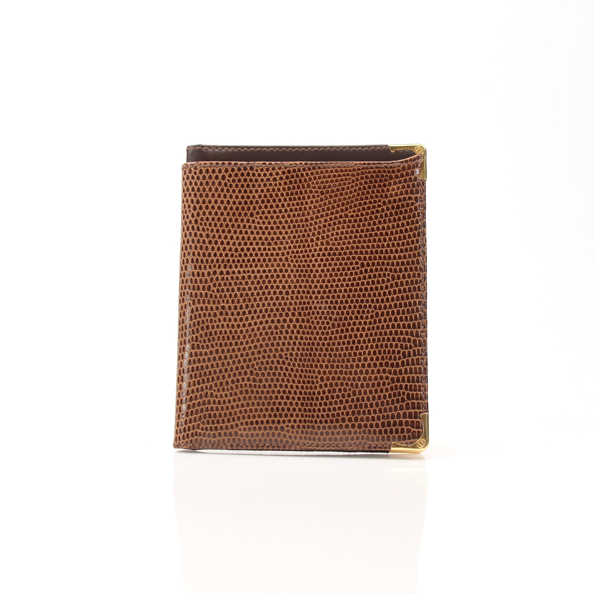 Gucci vintage lizard embossed leather wallet with gold accents, showcasing detailed texture and classic design.