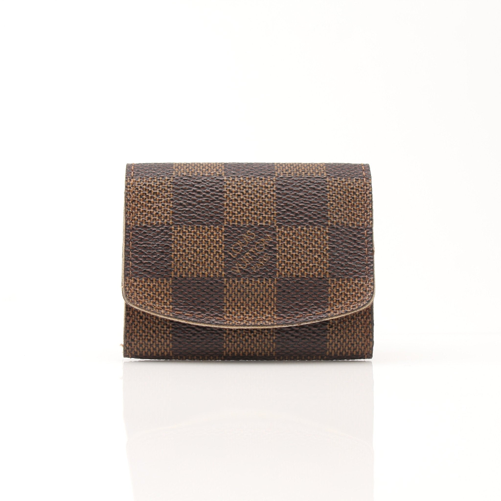 Louis Vuitton Damier Ebene key holder pouch with gold hardware, featuring a compact design and signature checkered pattern.