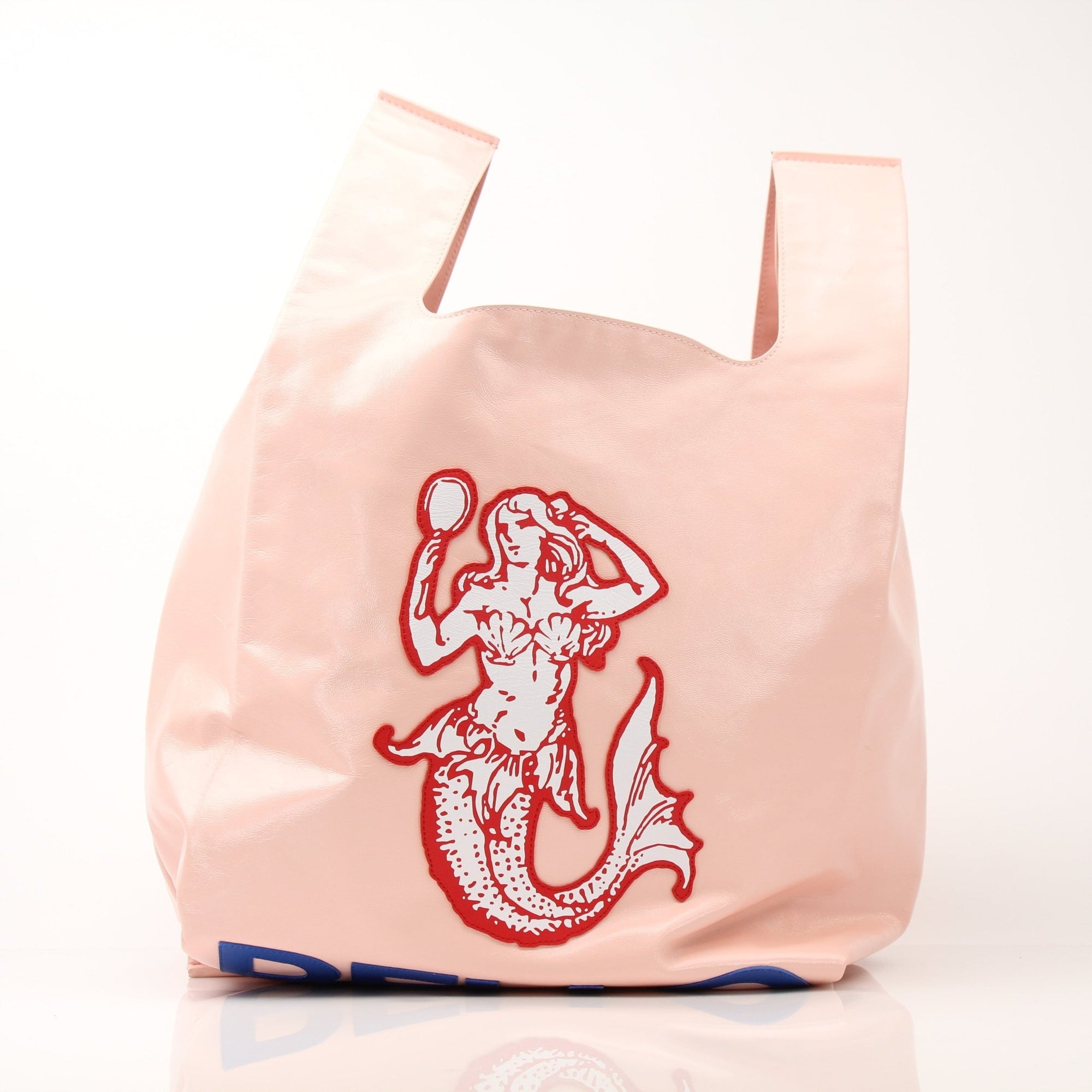 Pink Bottega Veneta Super Mercato Mermaid tote bag with gold handles, featuring a spacious handbag design and textured material.