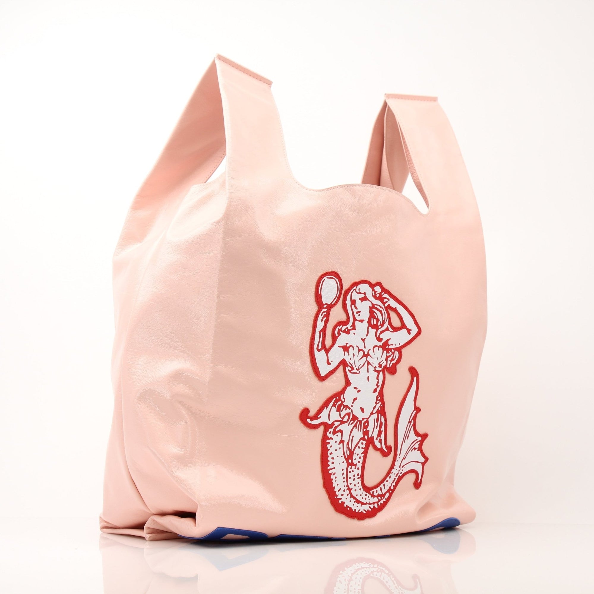 Pink Bottega Veneta Super Mercato Mermaid tote handbag with gold accents, shown with open top and spacious interior.