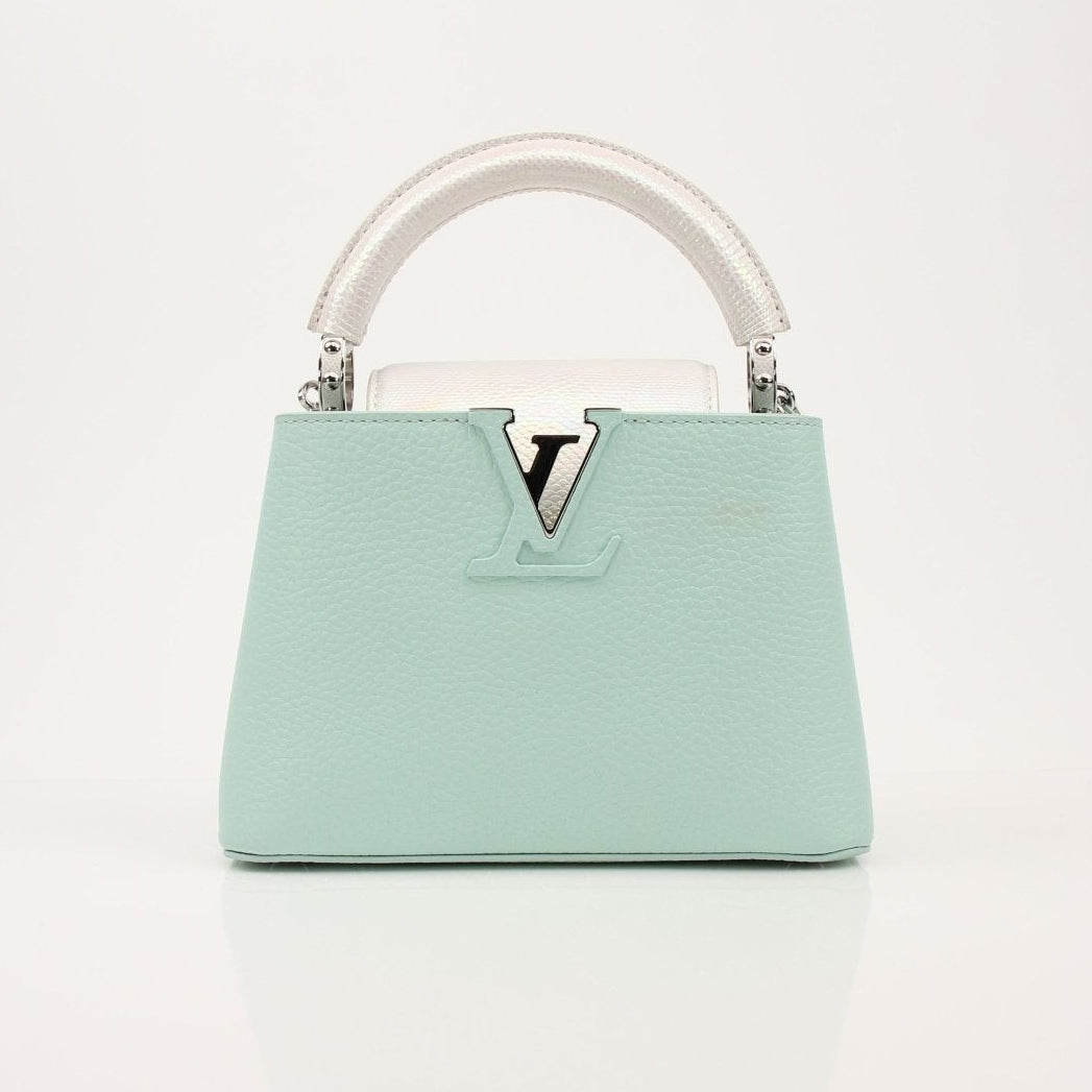 Louis Vuitton Capucines handbag with leather and gold hardware, featuring the signature LV logo and elegant design.