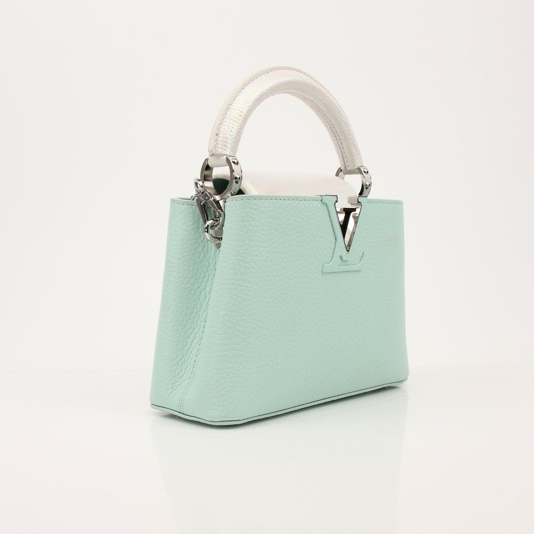Louis Vuitton Capucines handbag with leather and metal accents, showcasing elegant design and craftsmanship.