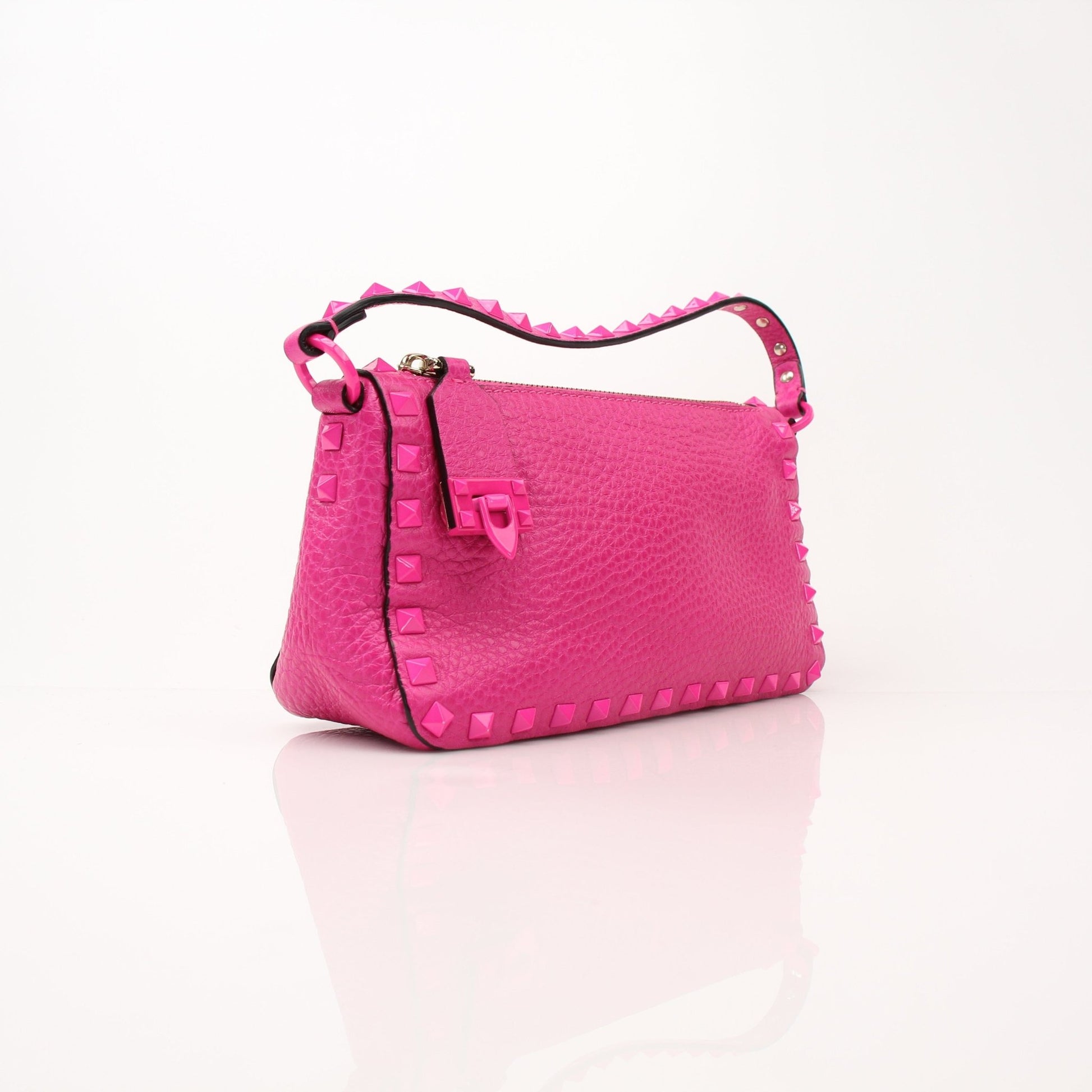Gold & Beyond Valentino Fuchsia Pink Rockstud Flip Lock Shoulder Bag handbag with signature stud details and shoulder strap.