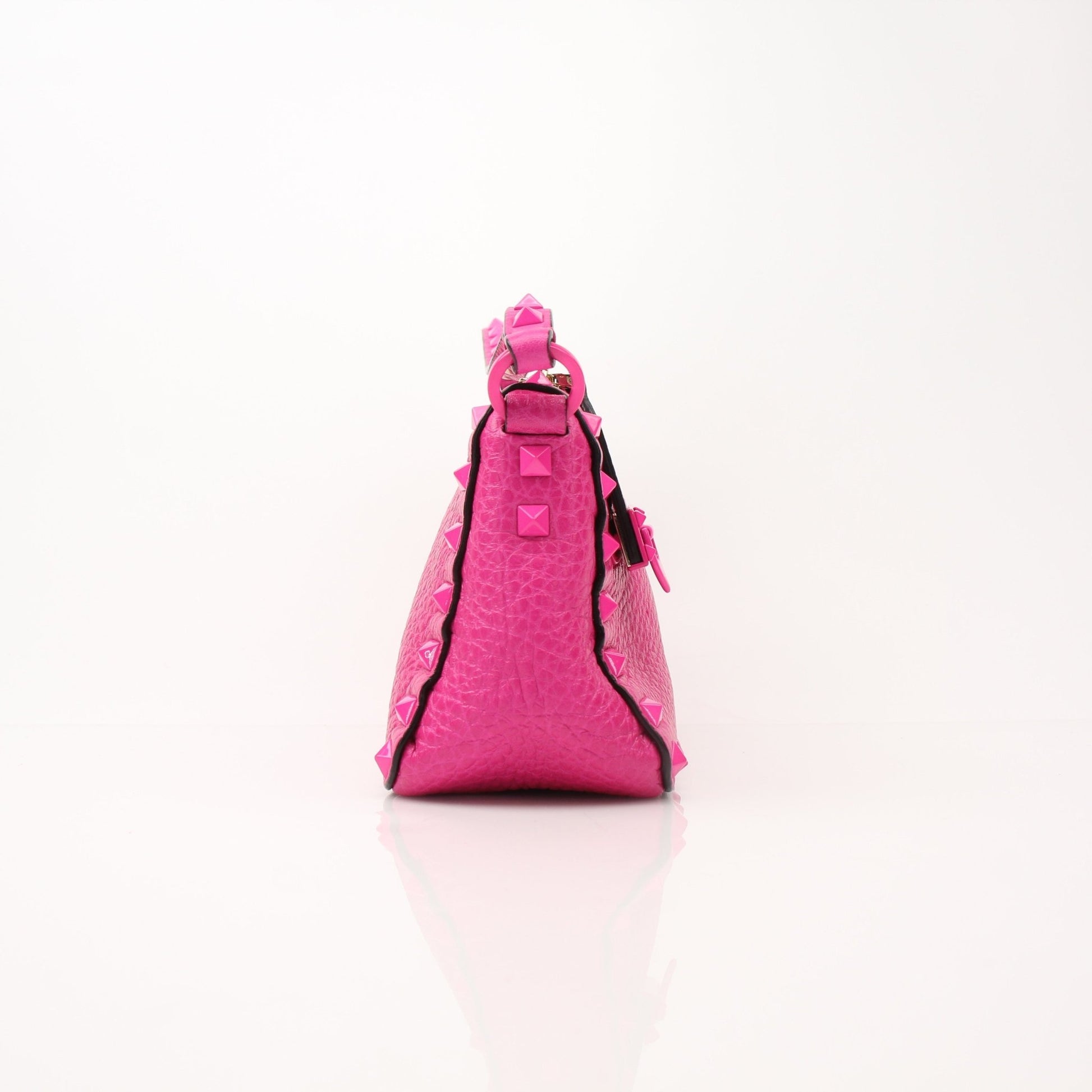 Fuchsia pink Valentino Rockstud flip lock shoulder handbag with gold accents and chain strap, stylish and elegant for fashion-forward looks.