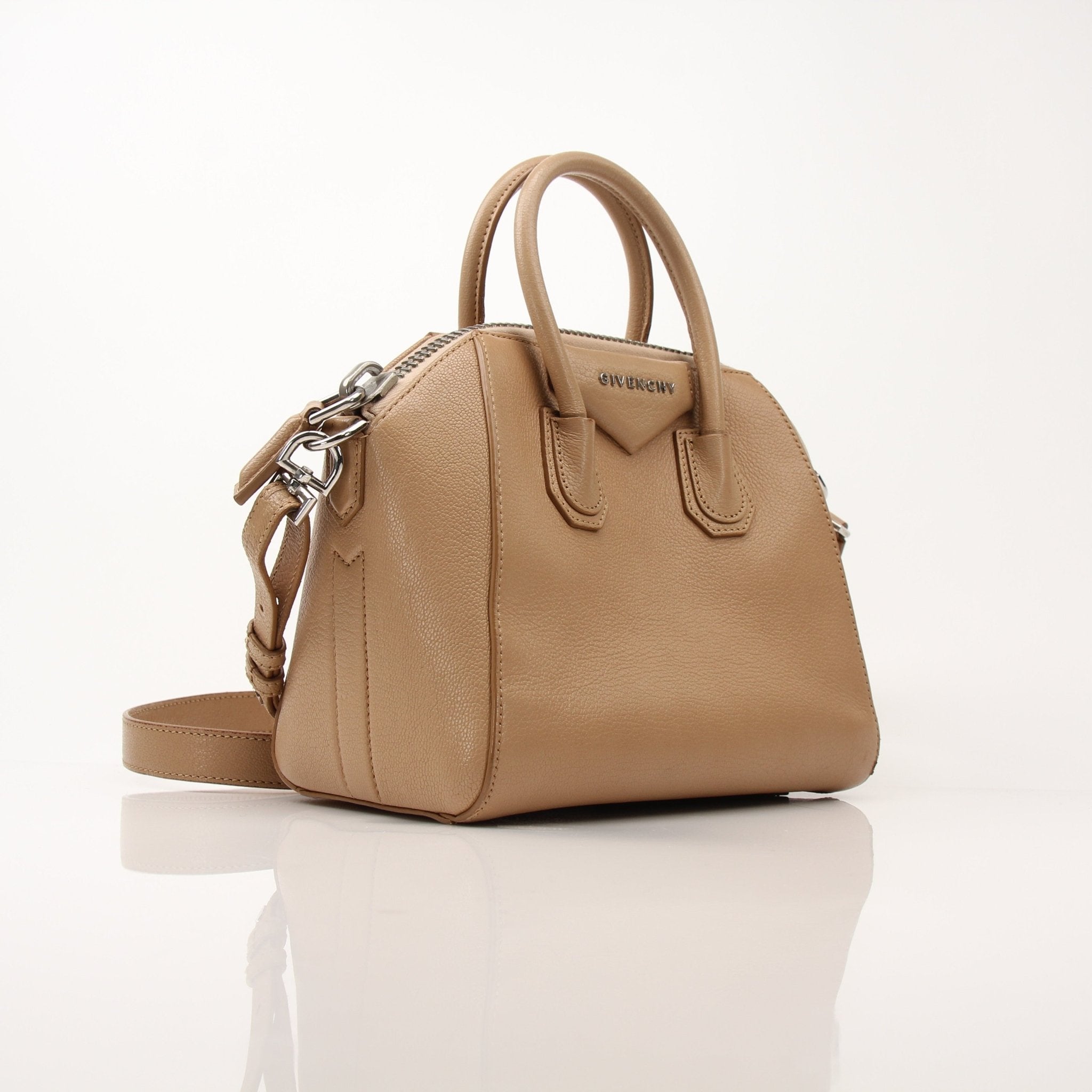 Givenchy Brown Antigona Mini Top Handle Bag, stylish handbag with top handle and structured design, shown in the image.