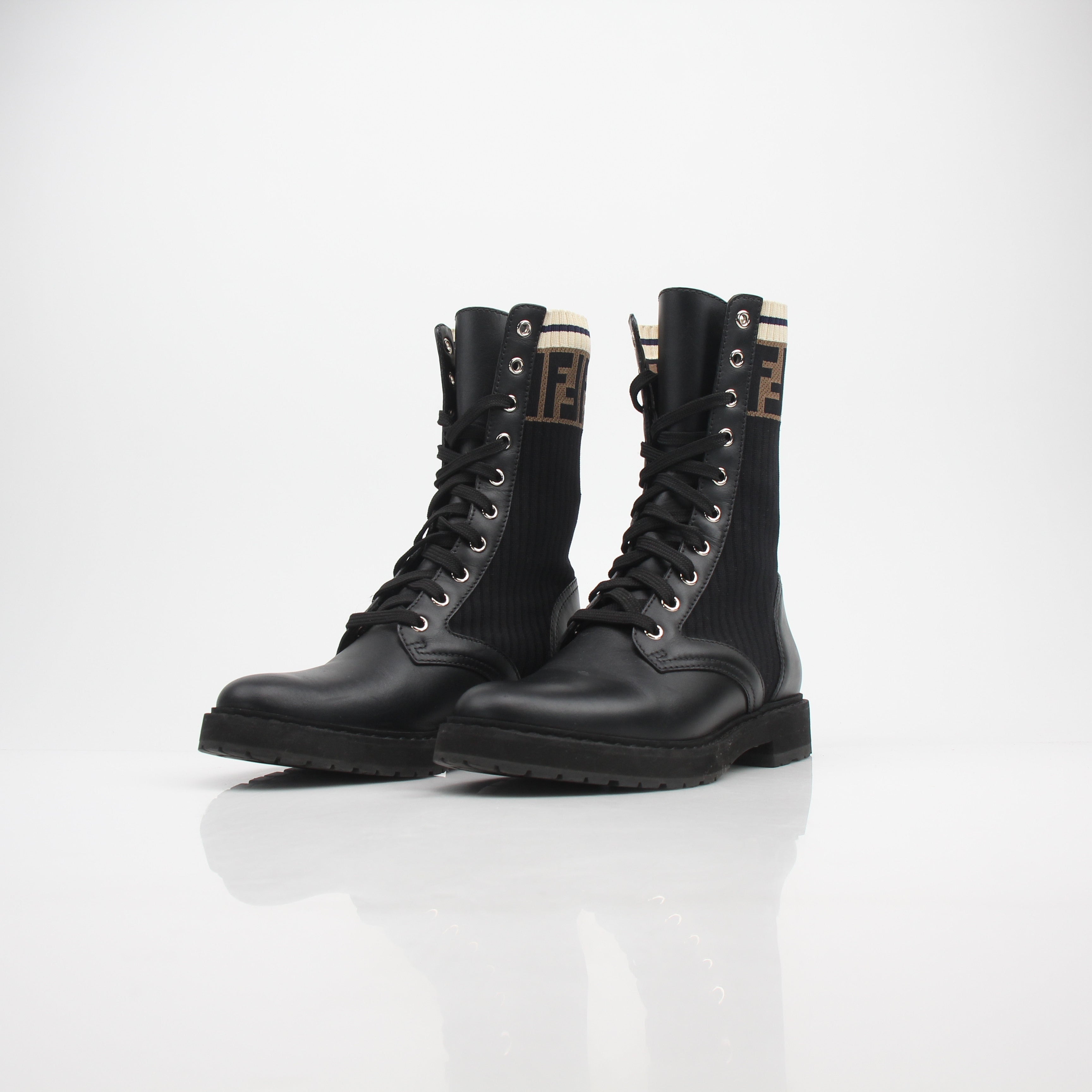 Fendi Rockoko Leather & Knit Combat Boots