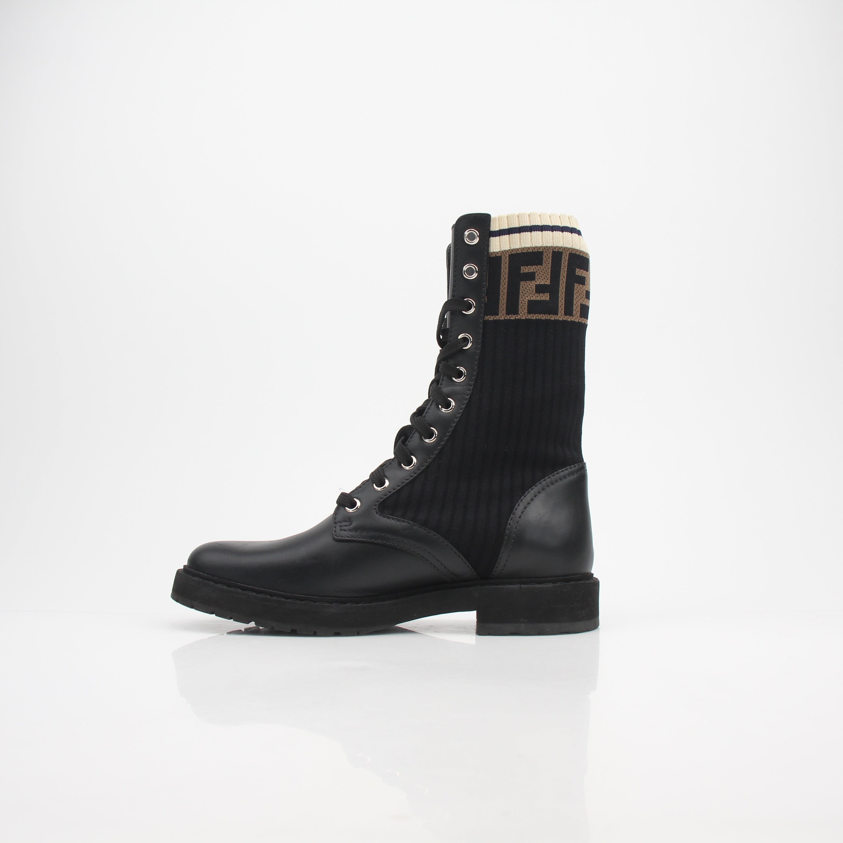 Fendi Rockoko Leather & Knit Combat Boots