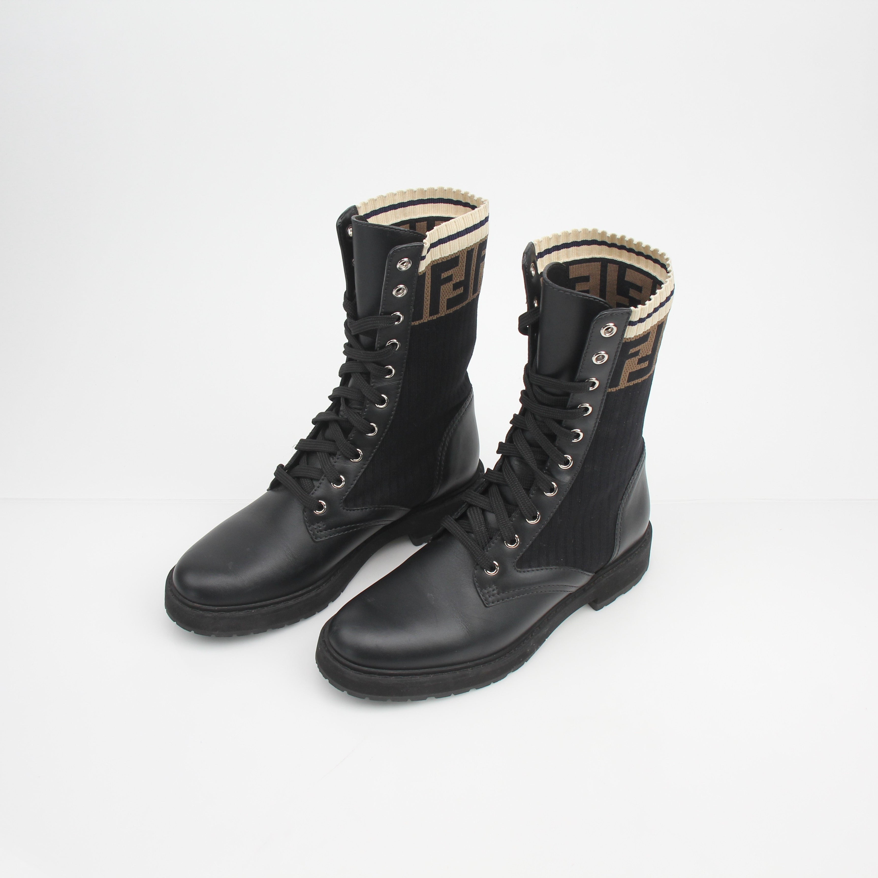 Fendi Rockoko Leather & Knit Combat Boots
