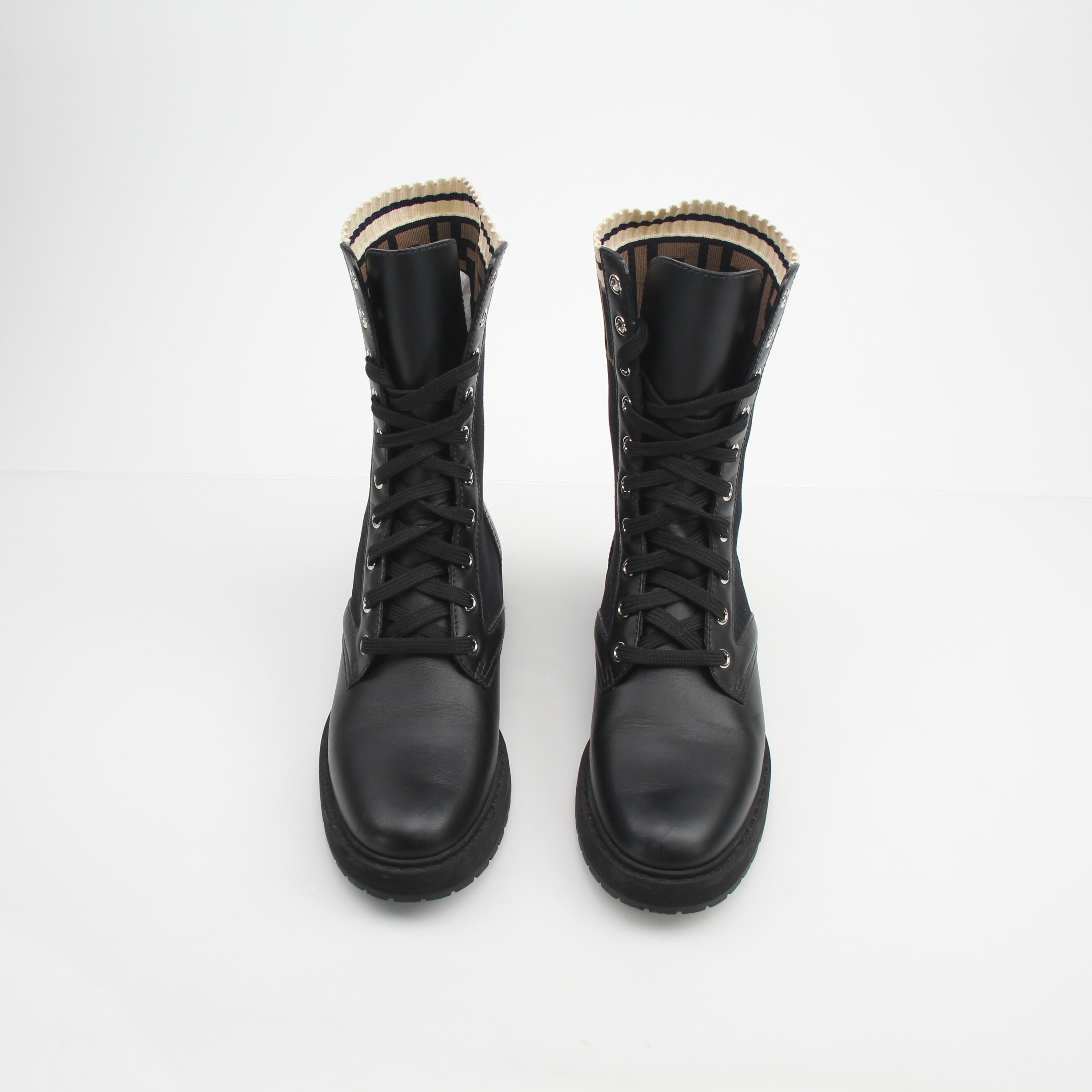 Fendi Rockoko Leather & Knit Combat Boots