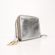Dolce & Gabbana metallic silver zip-around wallet with textured finish, featuring a sleek design and gold-tone accents.