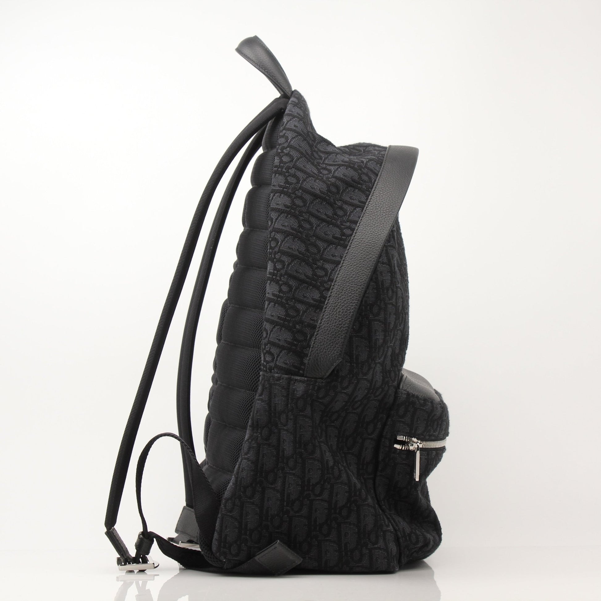 Christian Dior Oblique canvas backpack, a stylish travel bag with leather accents and adjustable straps, designed for travel and everyday use.