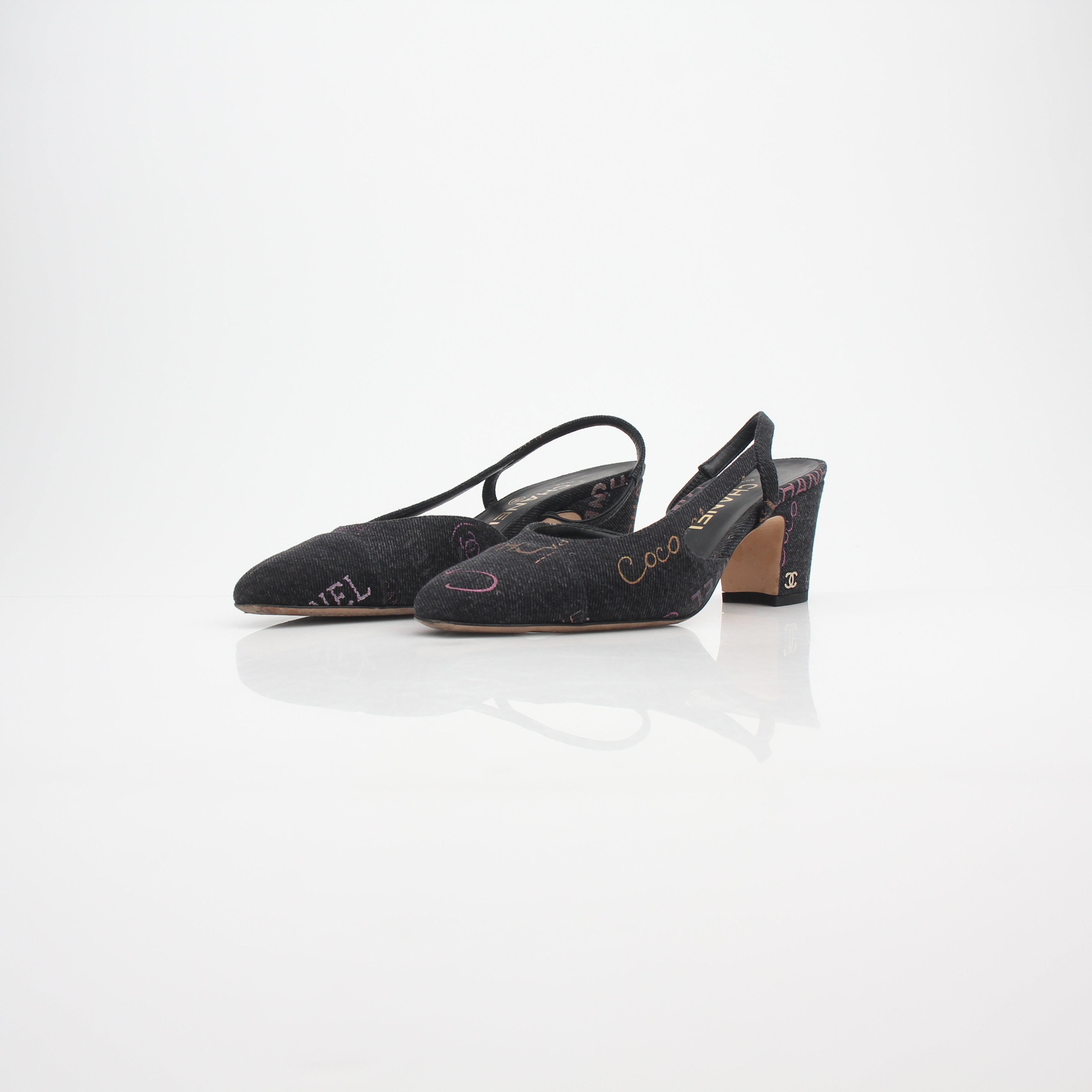 Chanel 22P Logo-Print Denim Slingback Pumps