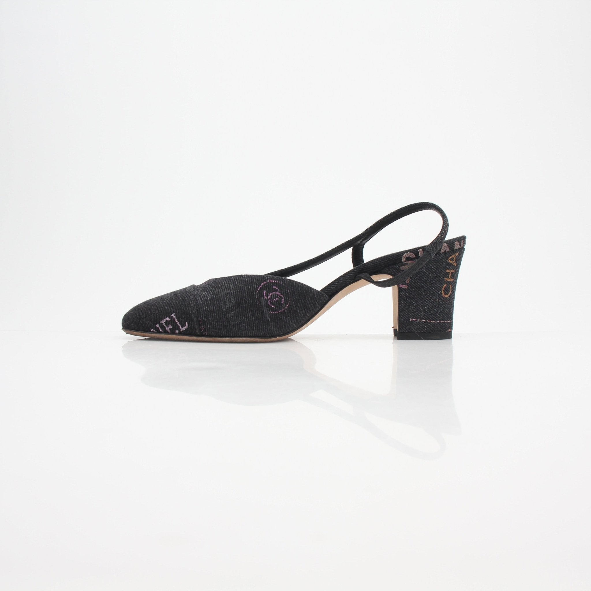 Chanel 22P Logo-Print Denim Slingback Pumps