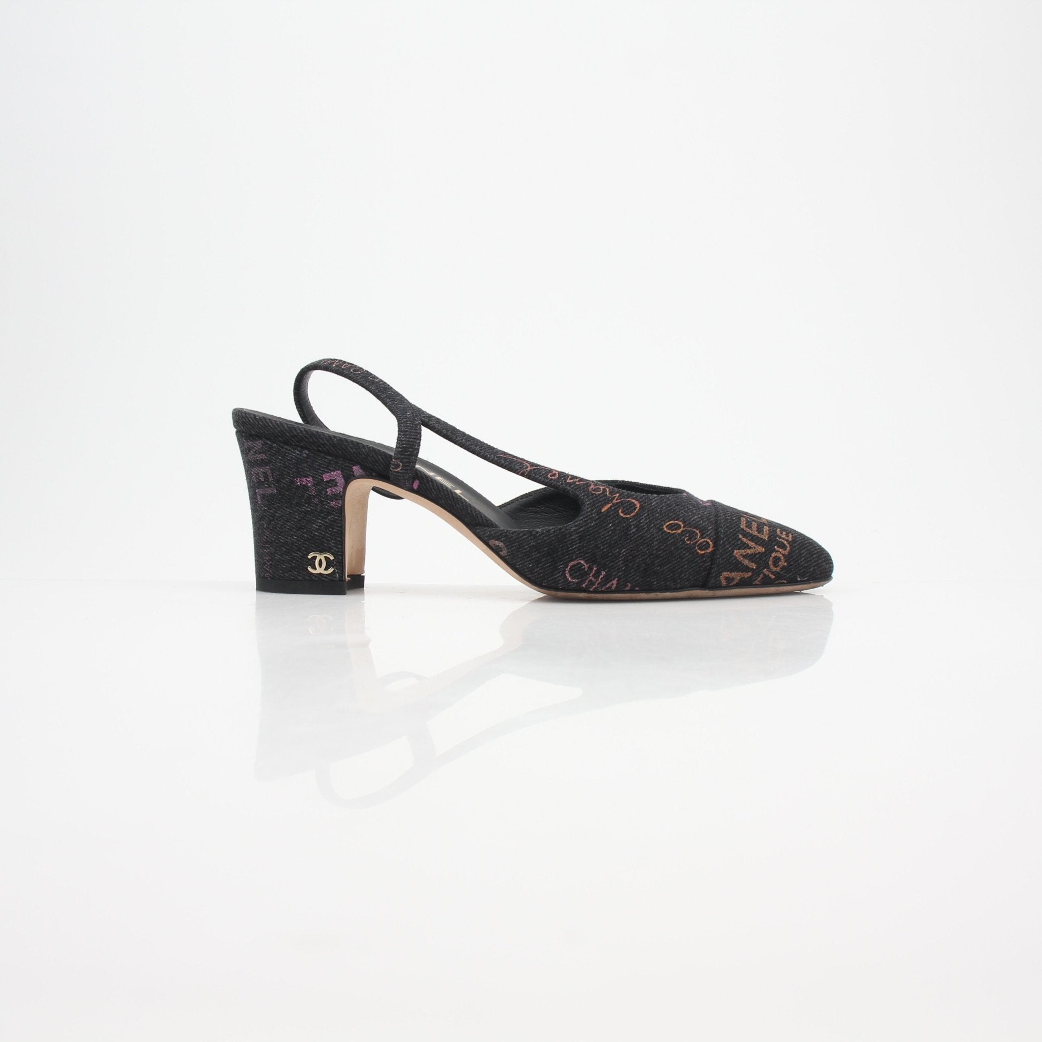 Gold & Beyond Chanel 22P Logo-Print Denim Slingback Pumps, stylish shoes with logo print and denim design.