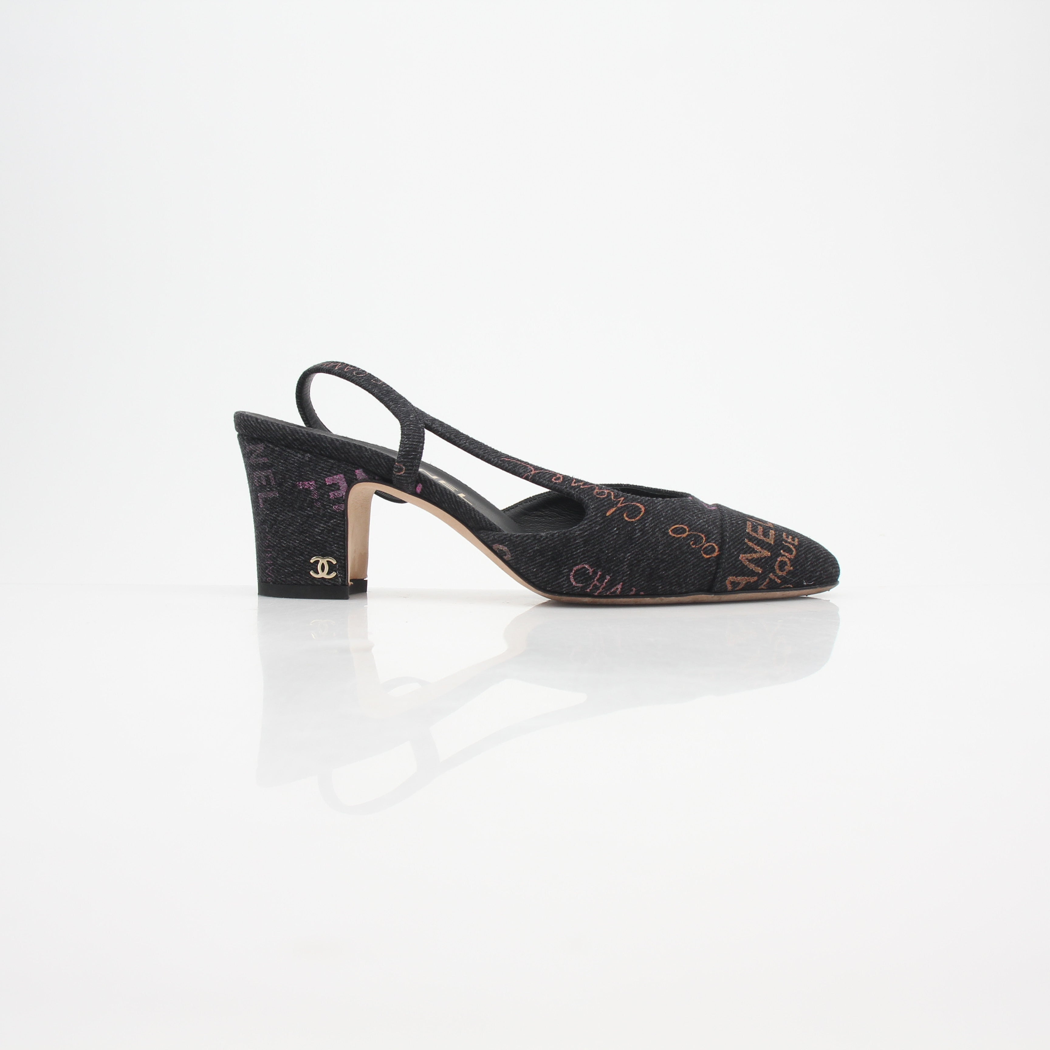 Chanel 22P Logo-Print Denim Slingback Pumps