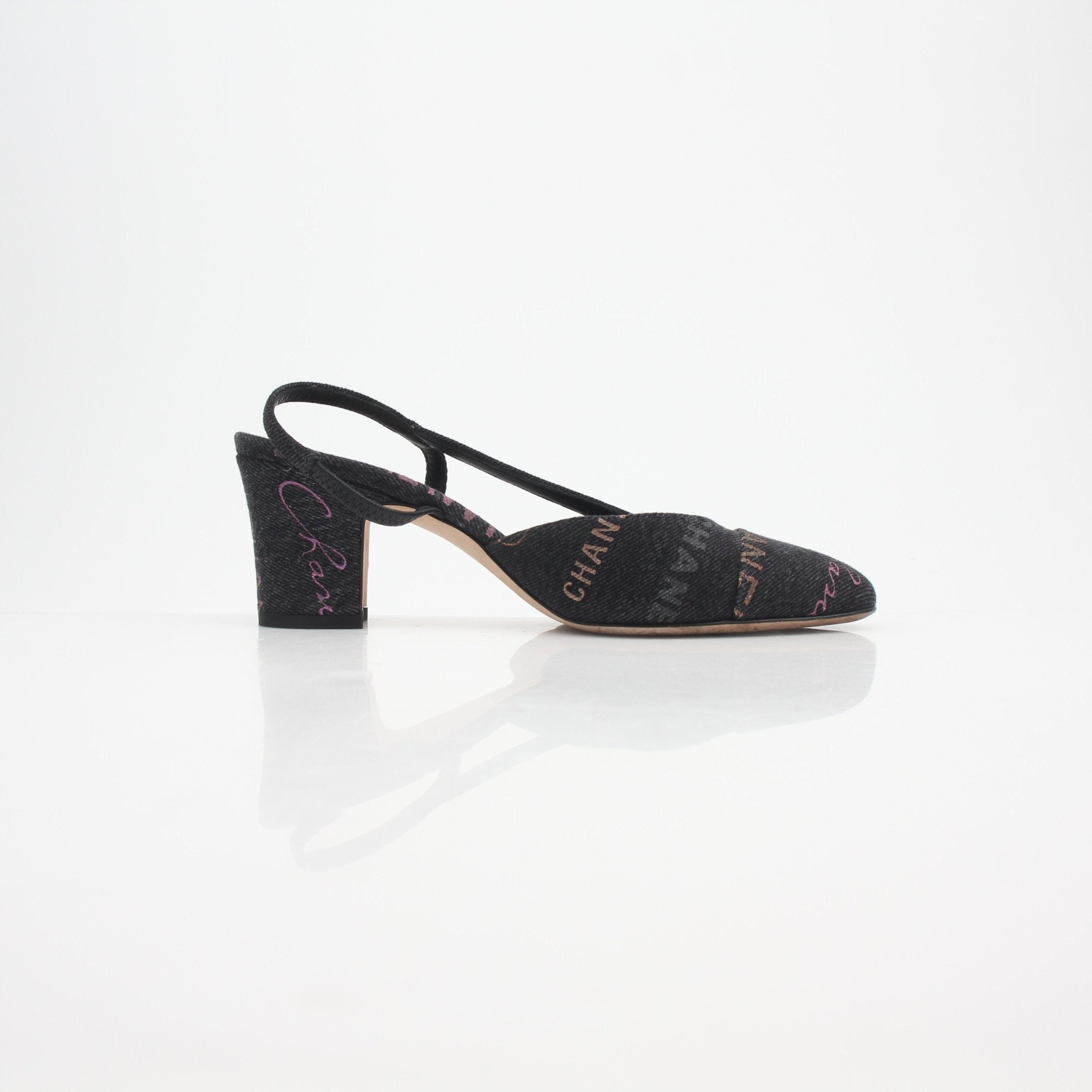 Gold & Beyond Chanel 22P Logo-Print Denim Slingback Pumps, stylish shoes with logo print and denim material, on a plain background.