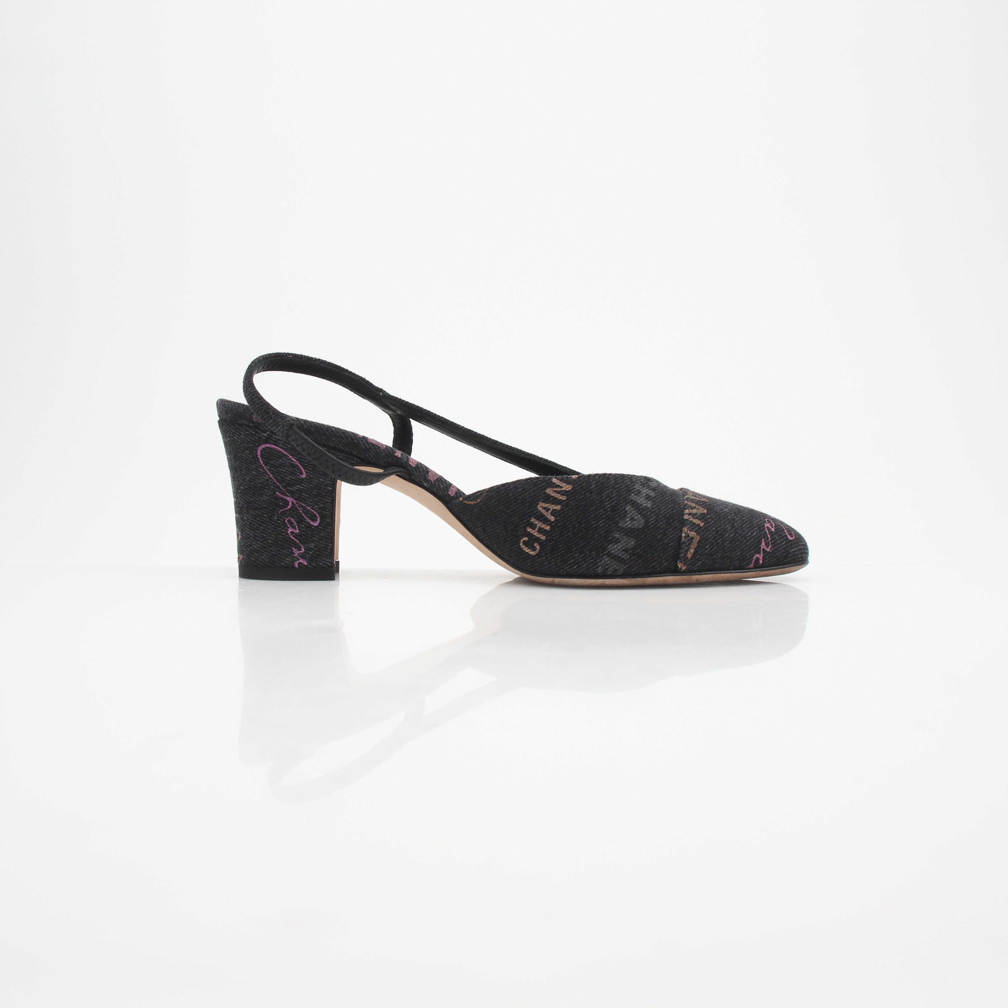 Chanel 22P Logo-Print Denim Slingback Pumps