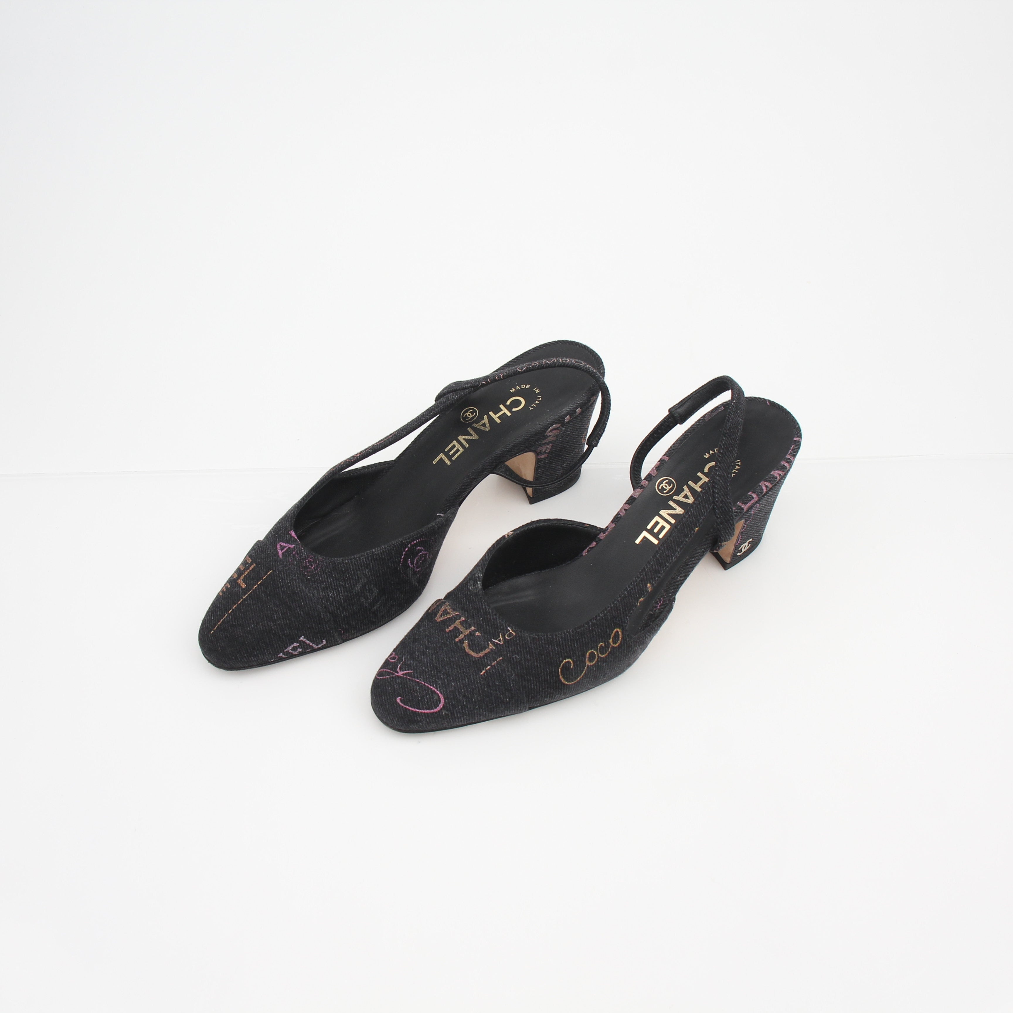 Chanel 22P Logo-Print Denim Slingback Pumps