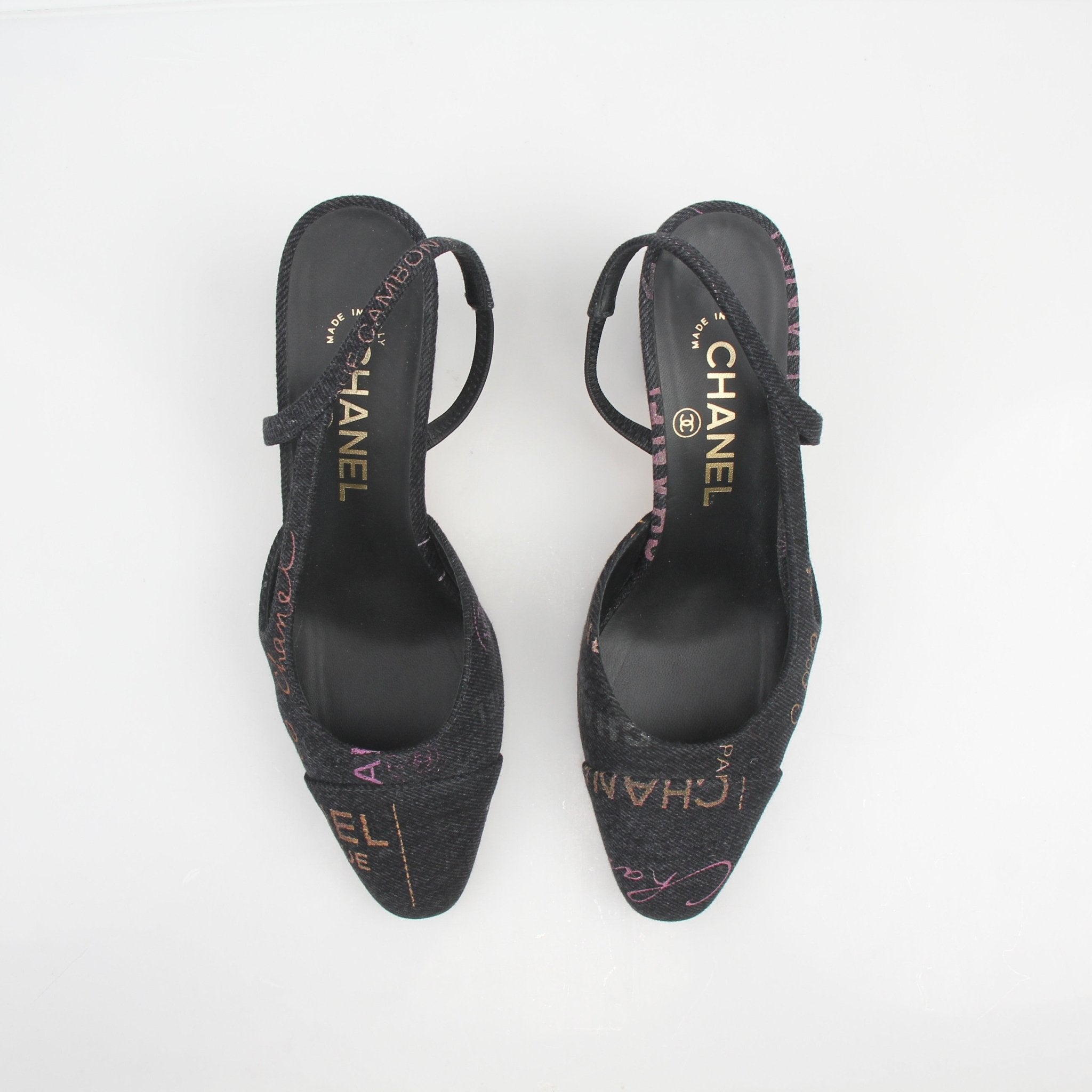 Gold & Beyond Chanel 22P logo-print denim slingback pumps, stylish shoes with logo detailing and comfortable heel.