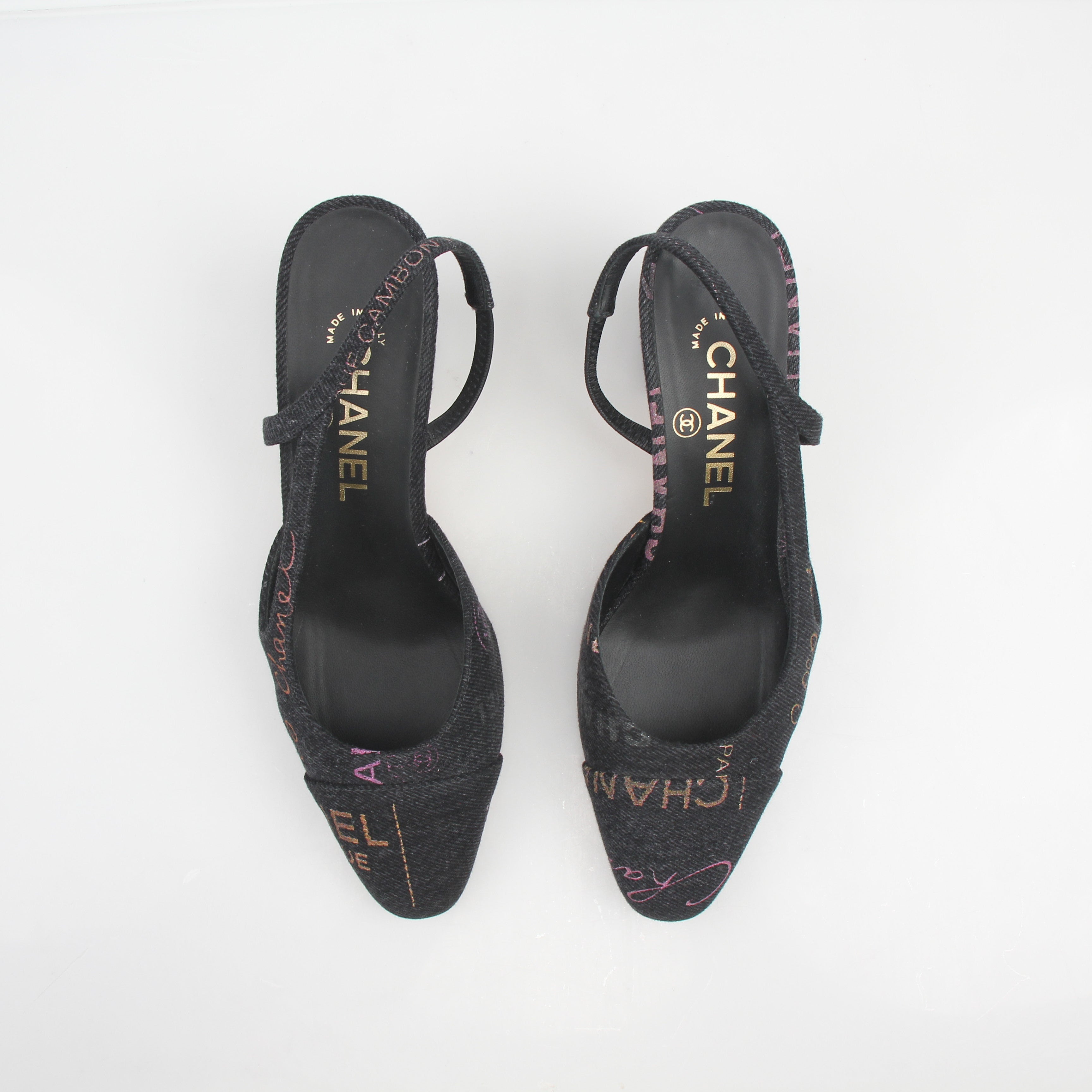 Chanel 22P Logo-Print Denim Slingback Pumps