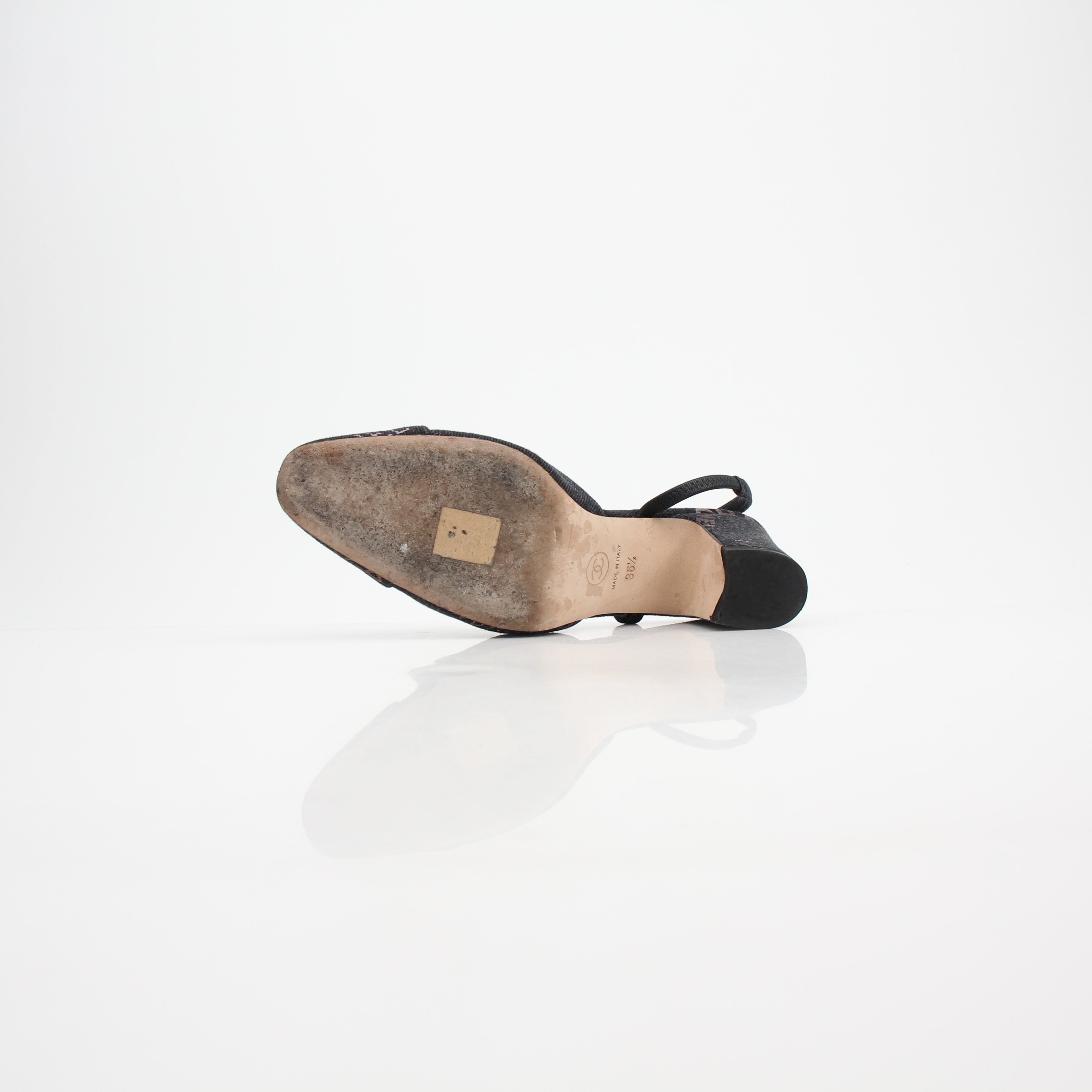 Chanel 22P Logo-Print Denim Slingback Pumps