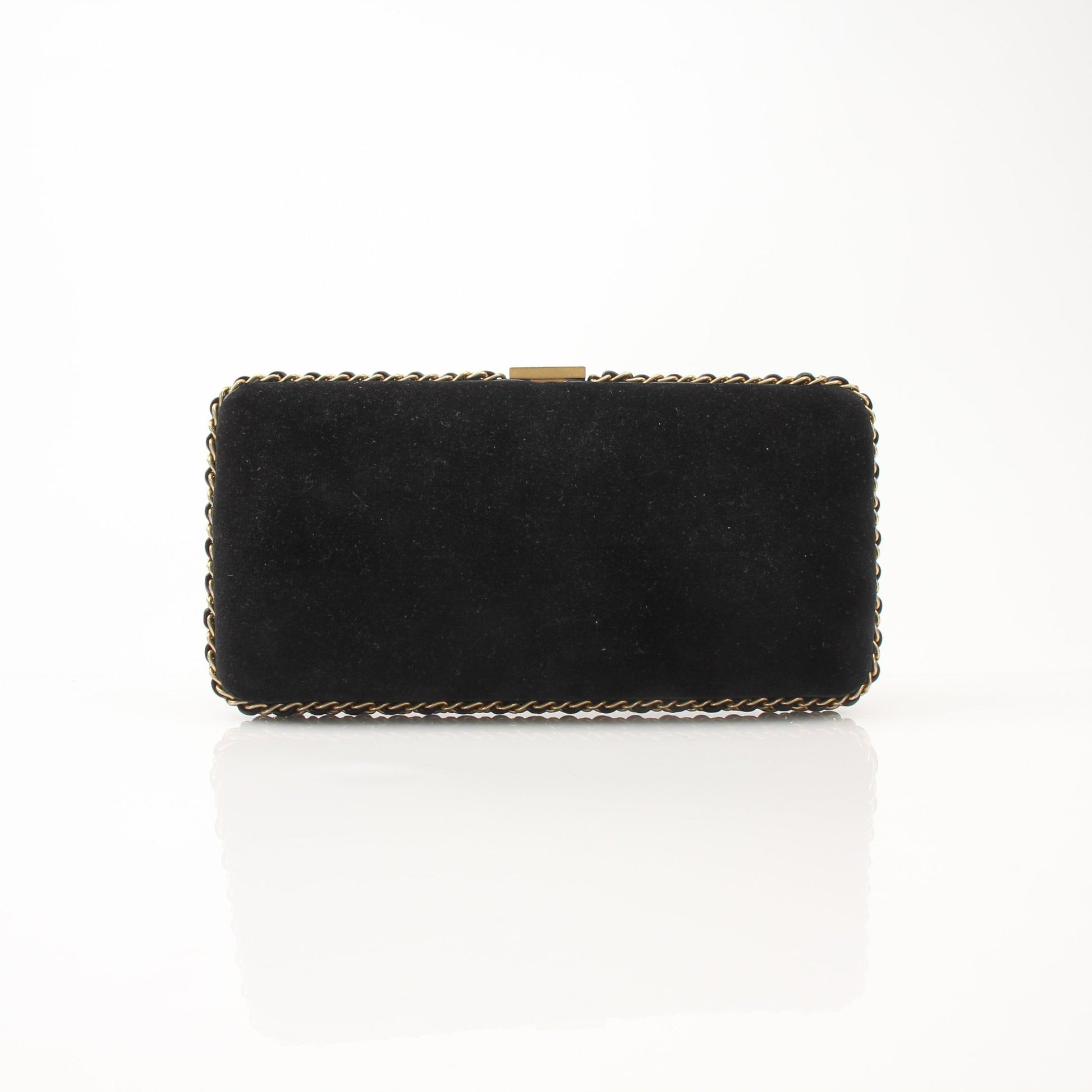 Chanel black velour CC chain-around evening clutch handbag with gold-tone hardware and elegant design.