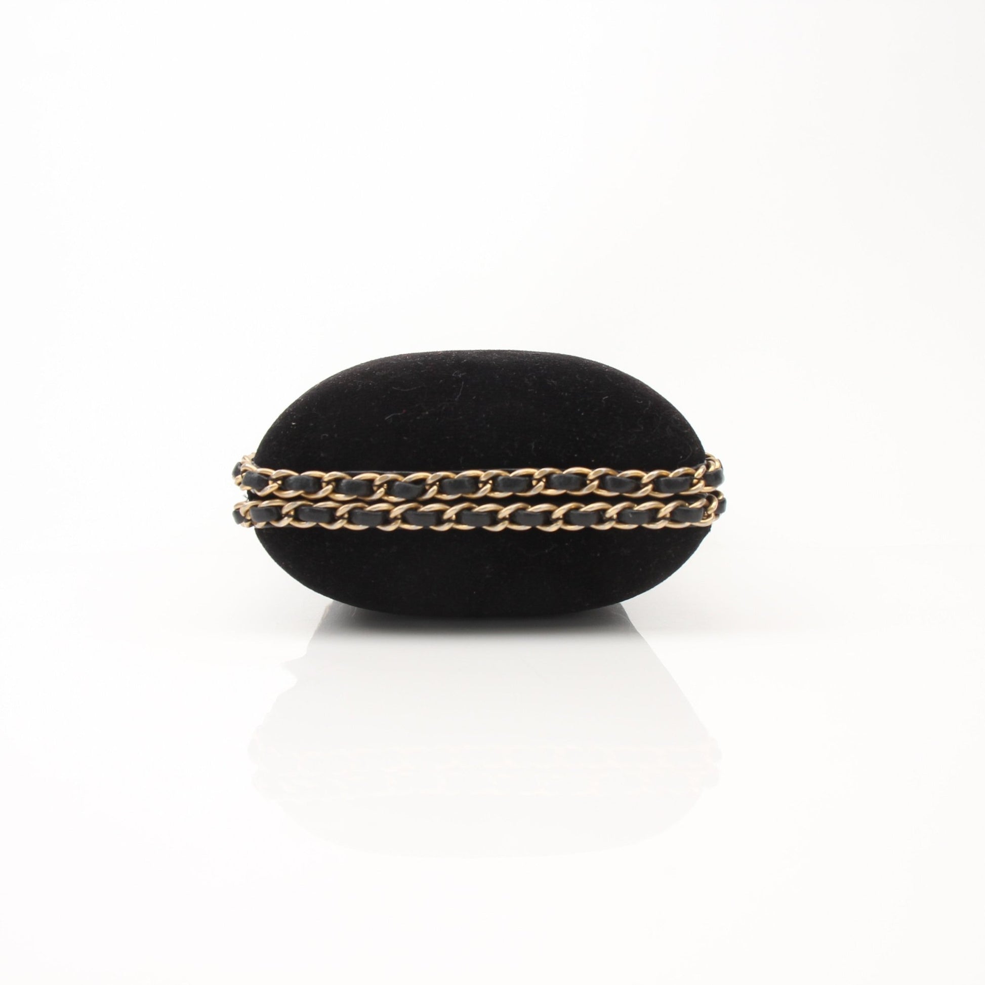 Chanel black velour CC chain around evening clutch handbag with gold chain and elegant design.