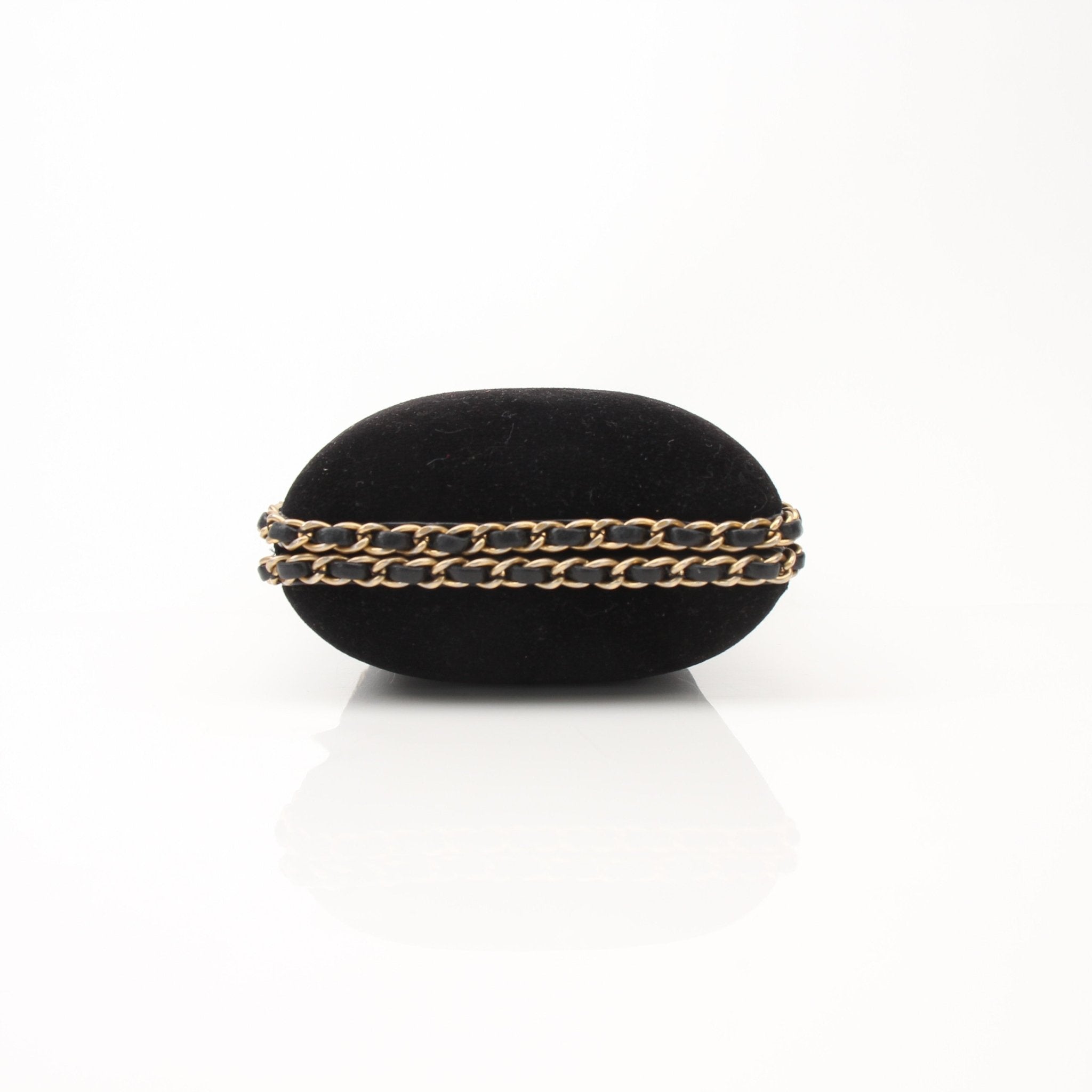 Chanel black velour CC chain around evening clutch handbag with gold chain and elegant design.