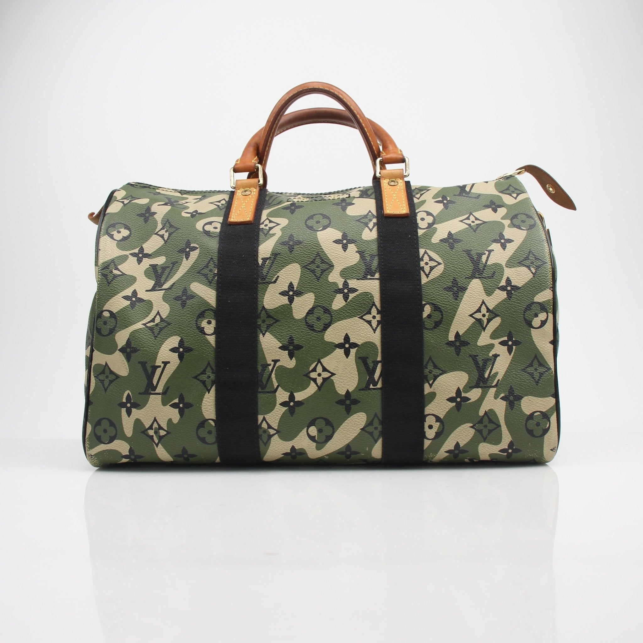 Louis Vuitton x Takashi Murakami Monogramouflage Speedy 35 travel bag with vibrant camouflage pattern and leather handles.