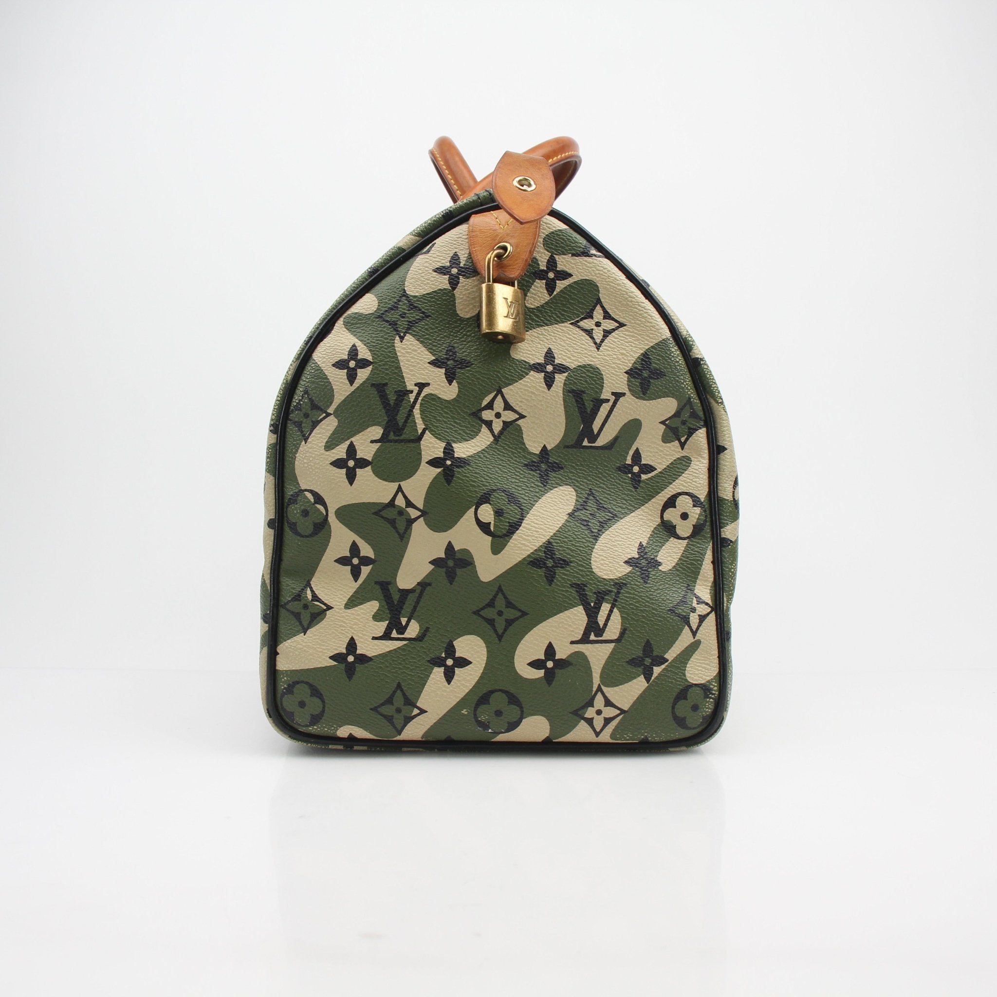 Louis Vuitton x Takashi Murakami Monogramouflage Speedy 35 travel bag with vibrant monogram pattern and leather handles.