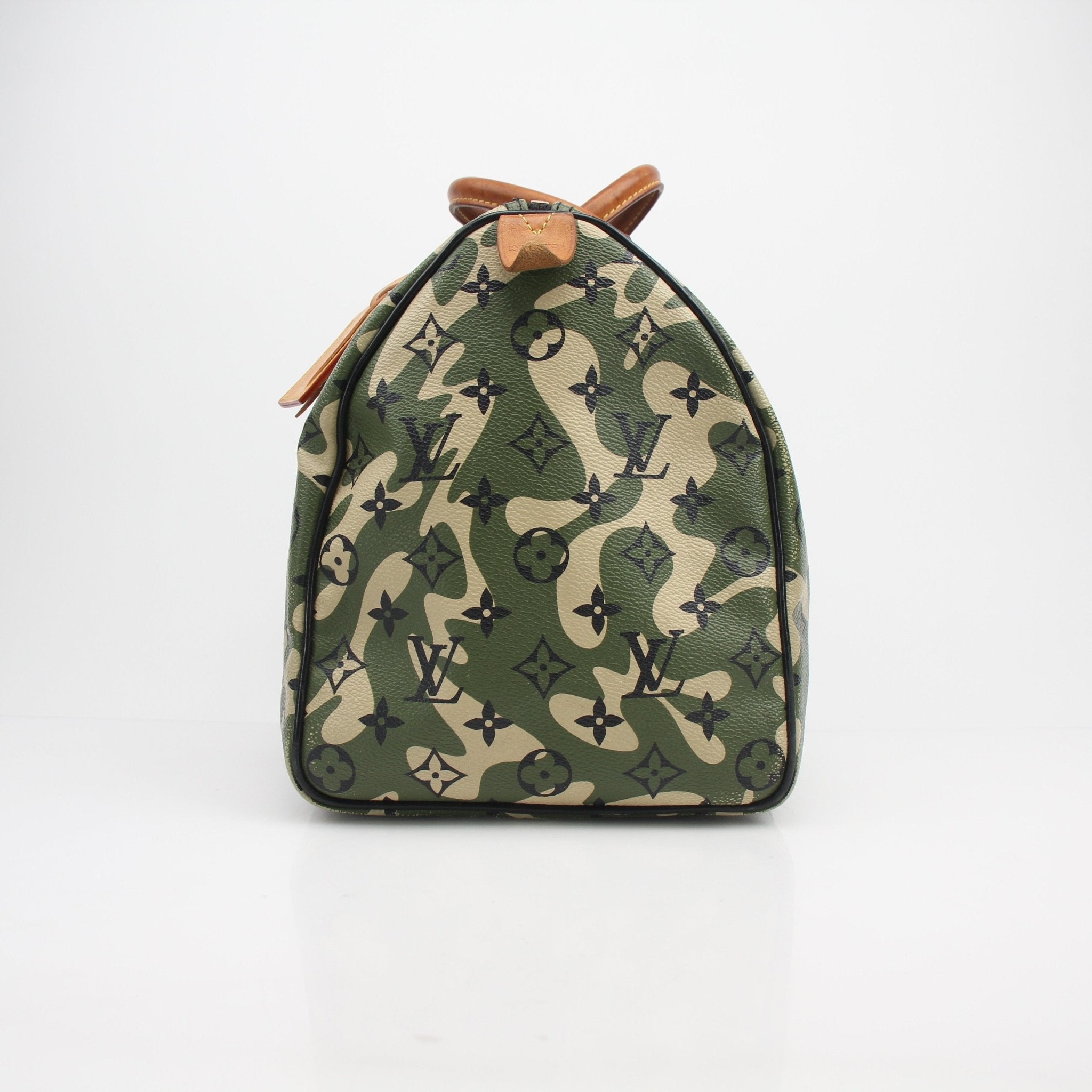 Louis Vuitton x Takashi Murakami Monogramouflage Speedy 35 travel bag with vibrant camouflage pattern and gold-tone hardware.