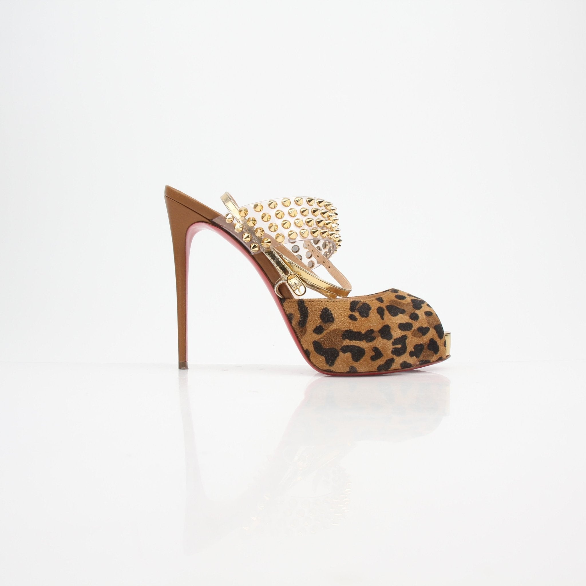 Christian Louboutin Levitagirl 120 platform sandals with red soles and black leather straps, displayed on a neutral background.