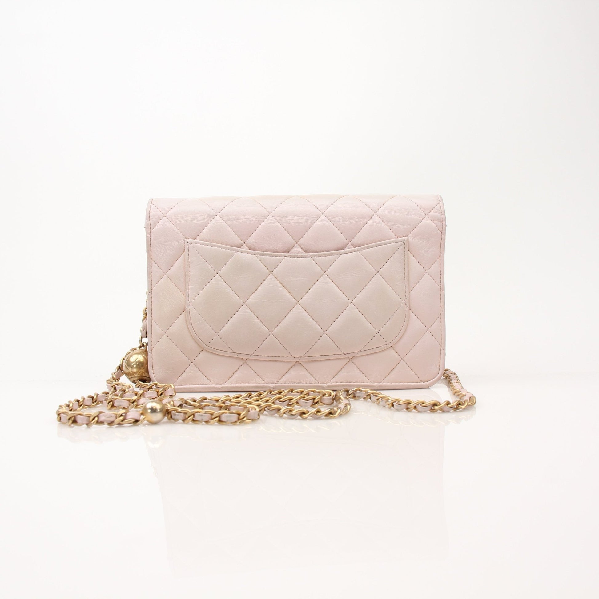 Gold & Beyond Chanel blush pink wallet on chain, stylish leather wallet with chain strap, featuring multiple card slots and a compact design.