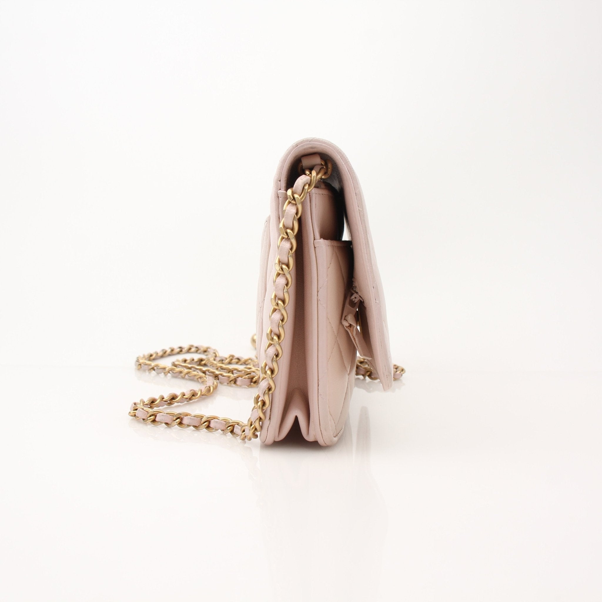 Gold & Beyond blush pink wallet on chain with gold hardware, featuring a sleek wallet design with a chain strap and compact style.