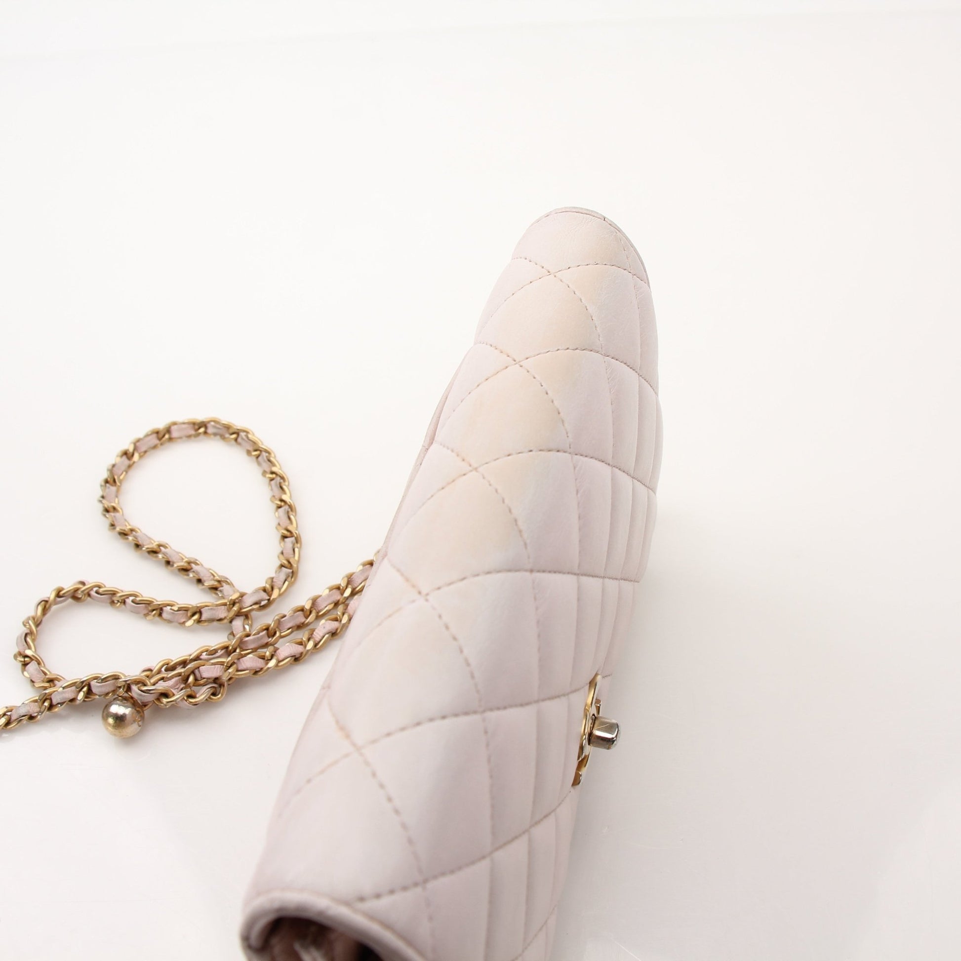 Gold & Beyond Chanel blush pink wallet on chain, stylish leather wallet with chain strap, compact and elegant design.