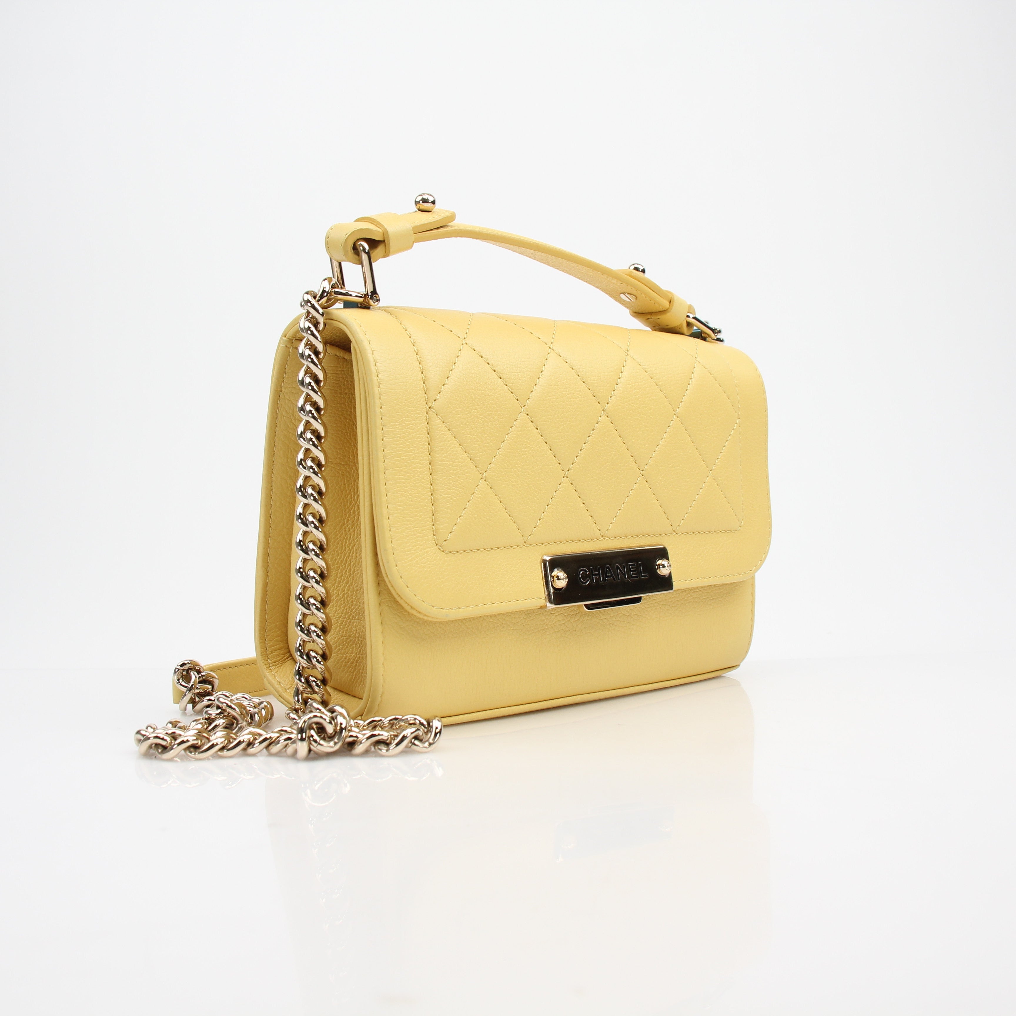 Chanel Yellow Quilted Calfskin Top Handle Flap Shoulder Bag