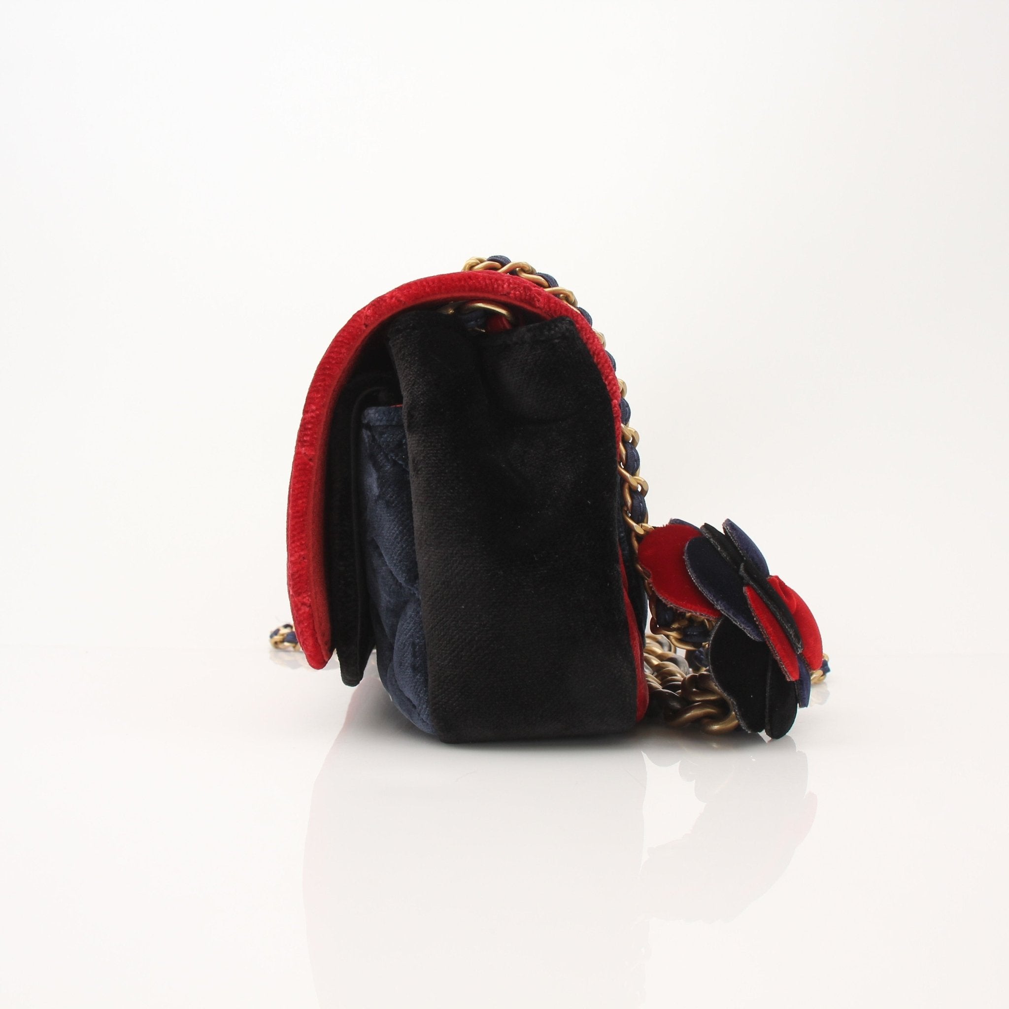 Gold & Beyond Chanel Private Affair Camellia Mini Square Flap Bag handbag with gold-tone hardware and signature floral design.