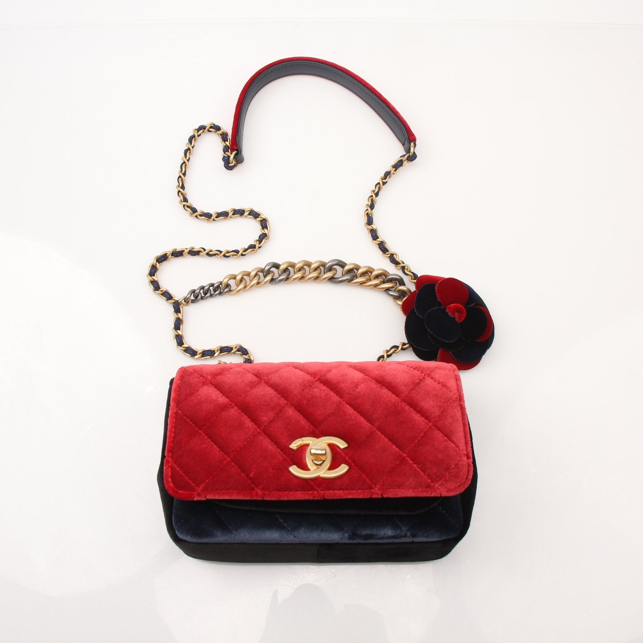Gold & Beyond Chanel Private Affair Camellia Mini Square Flap Bag handbag with gold hardware and quilted design.
