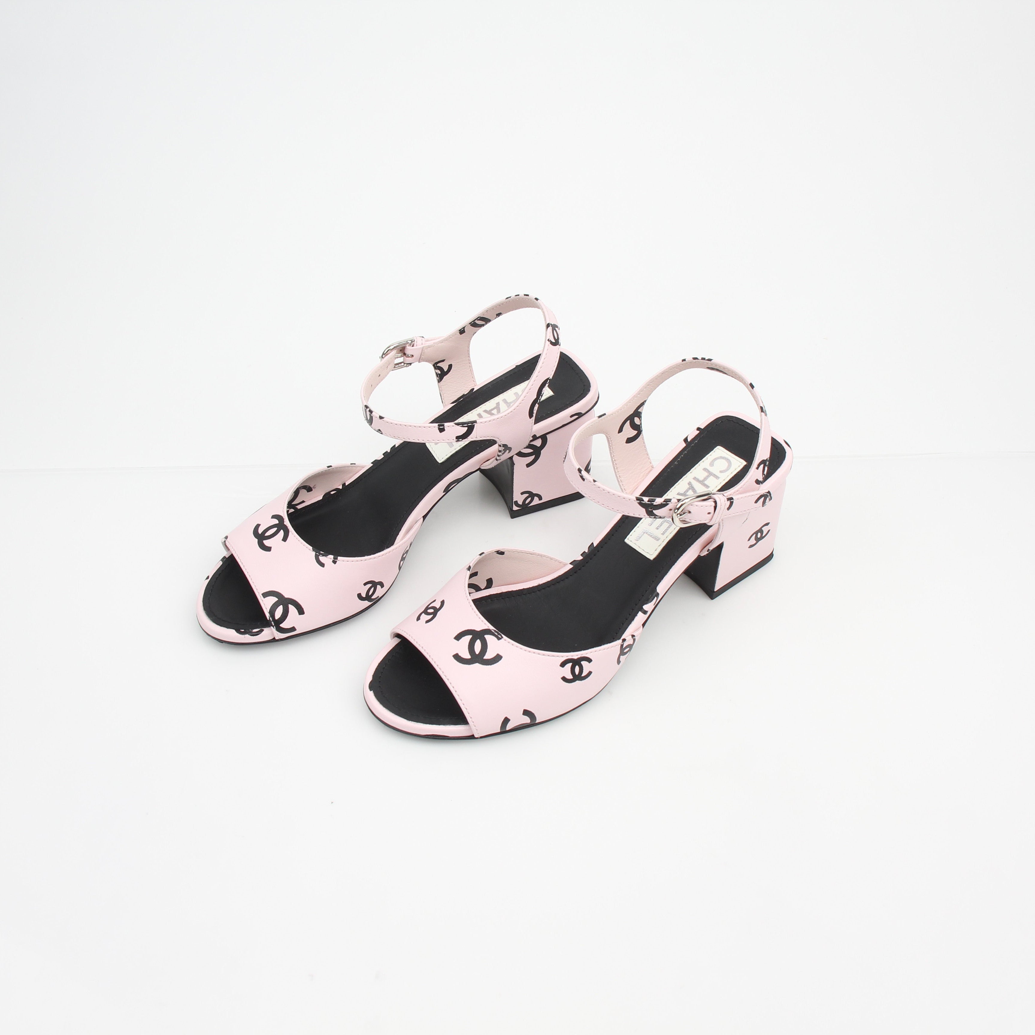 Chanel CC Logo Print Ankle Strap Block Heel Sandals