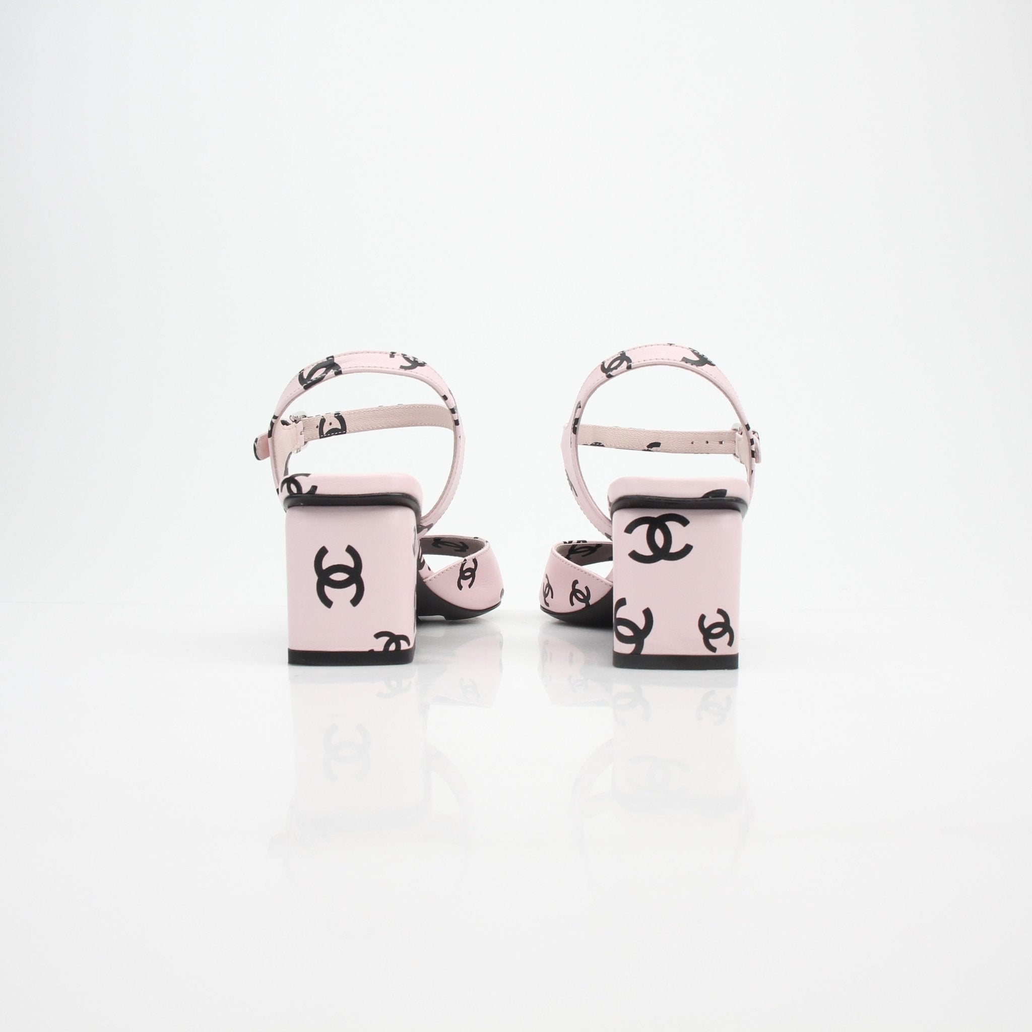 Chanel CC Logo Print Ankle Strap Block Heel Sandals