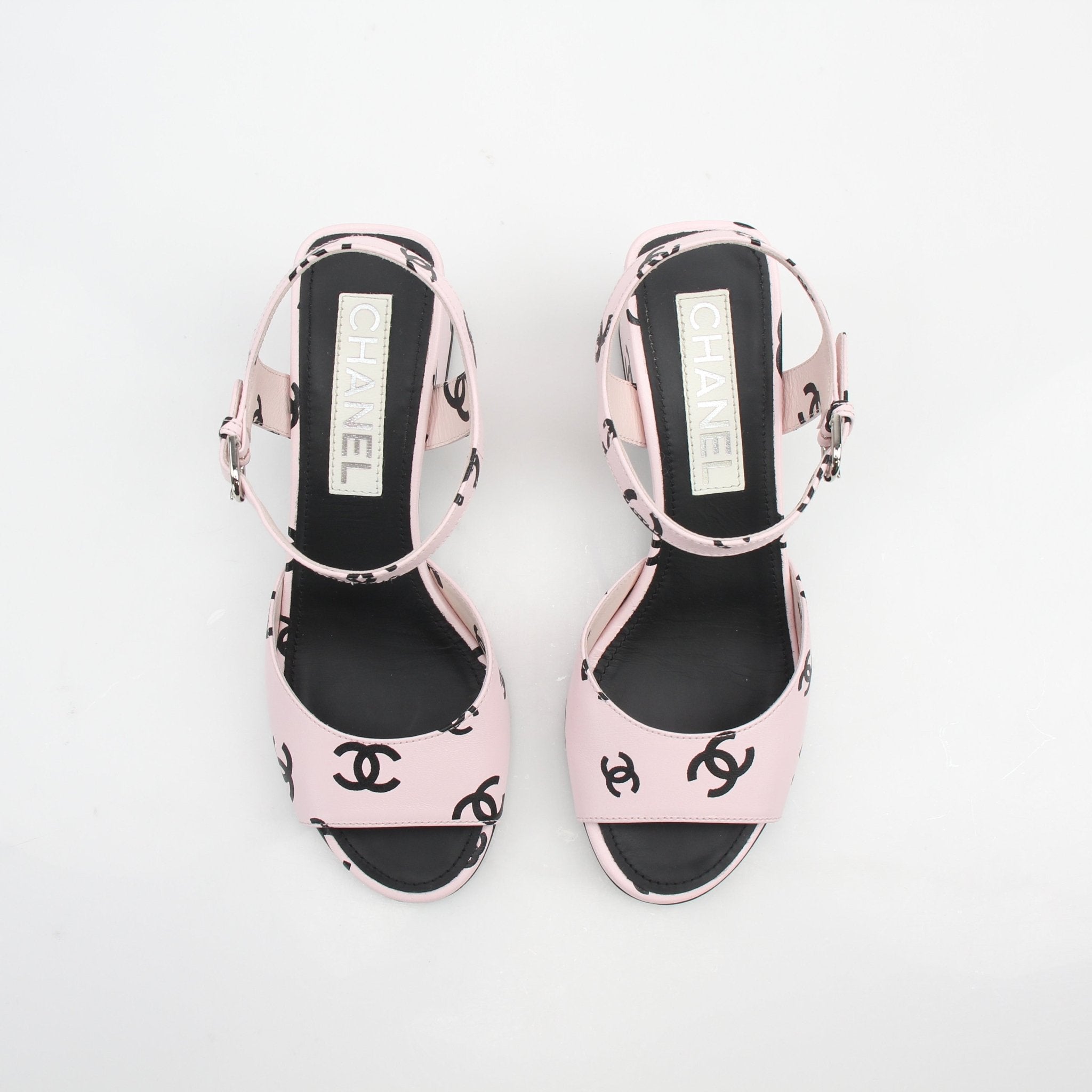 Chanel CC Logo Print Ankle Strap Block Heel Sandals