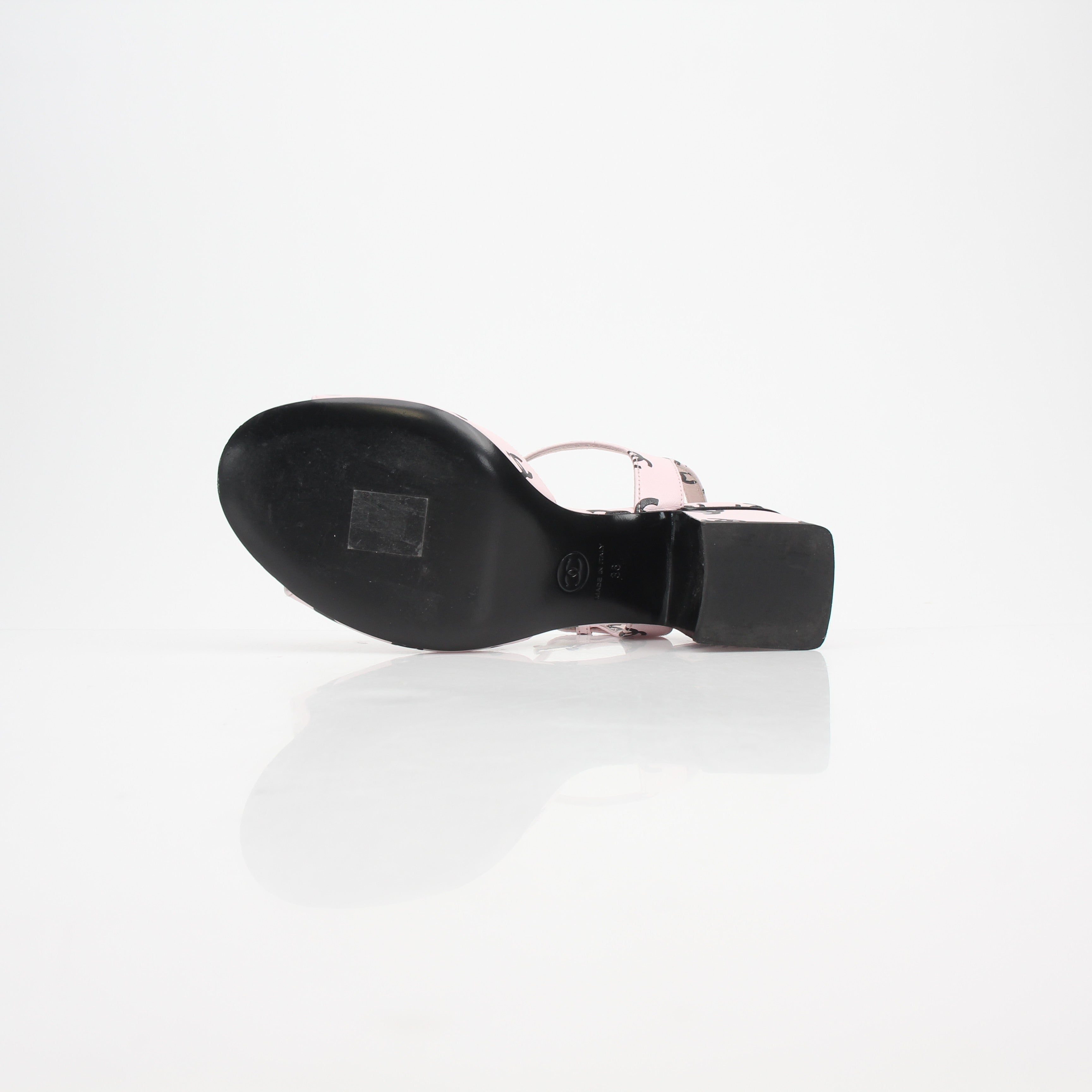 Chanel CC Logo Print Ankle Strap Block Heel Sandals
