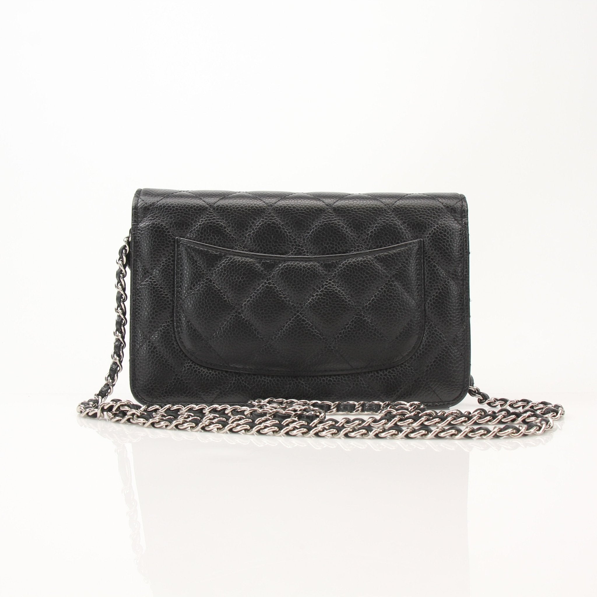 Black Chanel Wallet on Chain by Gold & Beyond featuring a sleek leather wallet with chain strap and gold-tone hardware.