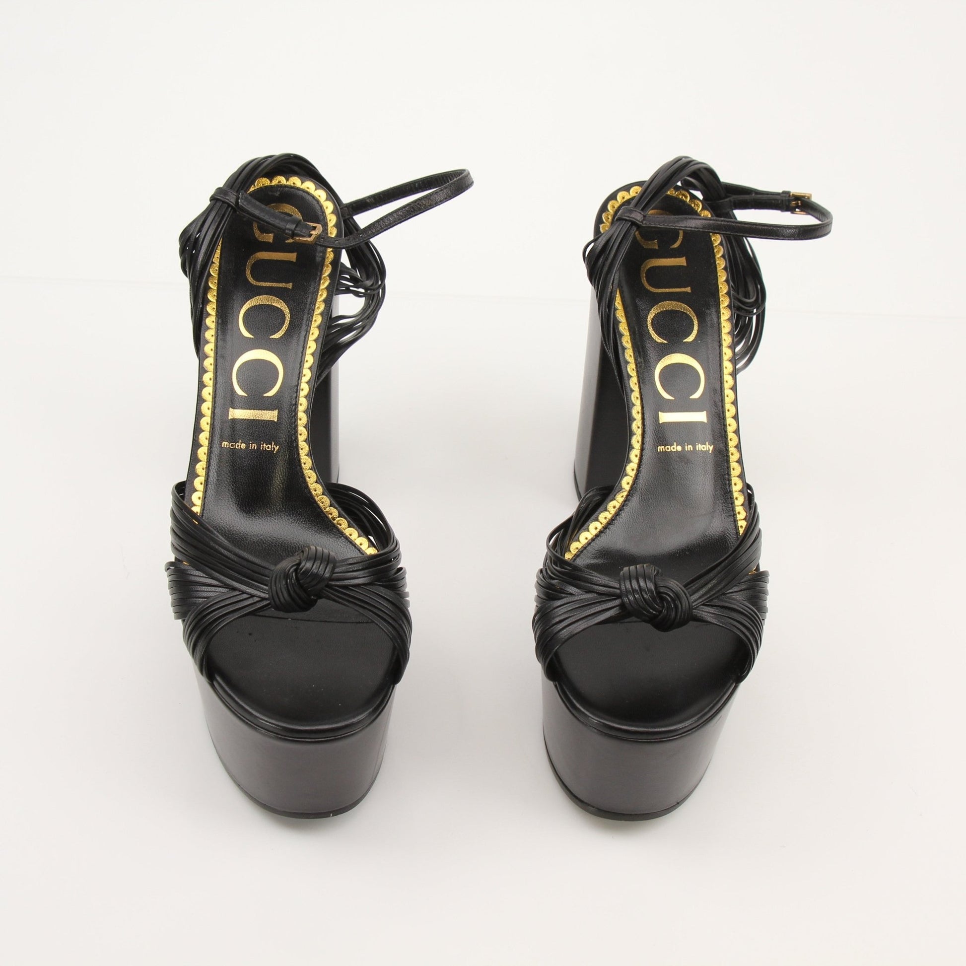 Gold & Beyond Gucci Knot Platform Sandals, stylish heels with a signature knot design and chunky sole, perfect for trendy summer outfits.