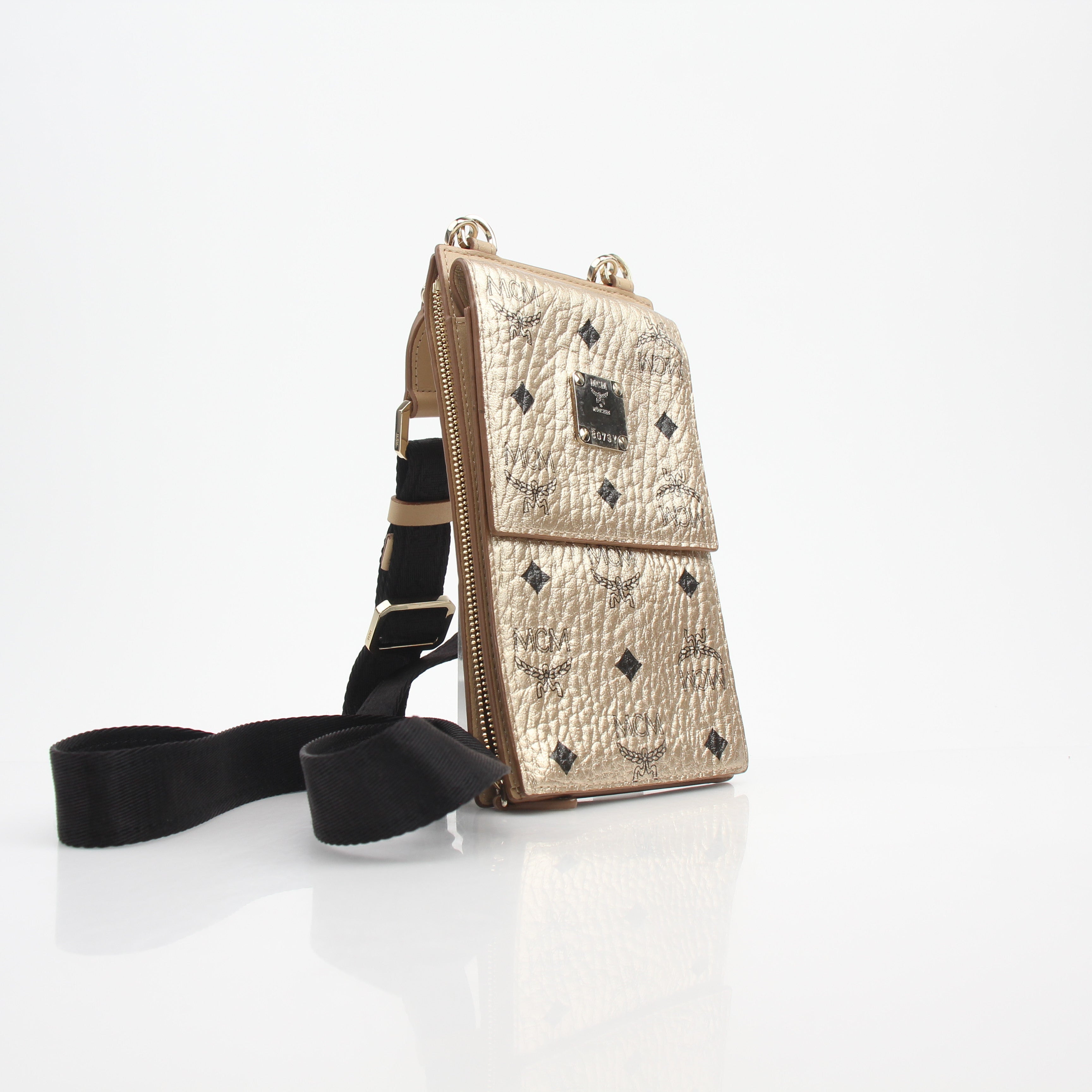MCM Metallic Gold Visetos Crossbody Phone Case