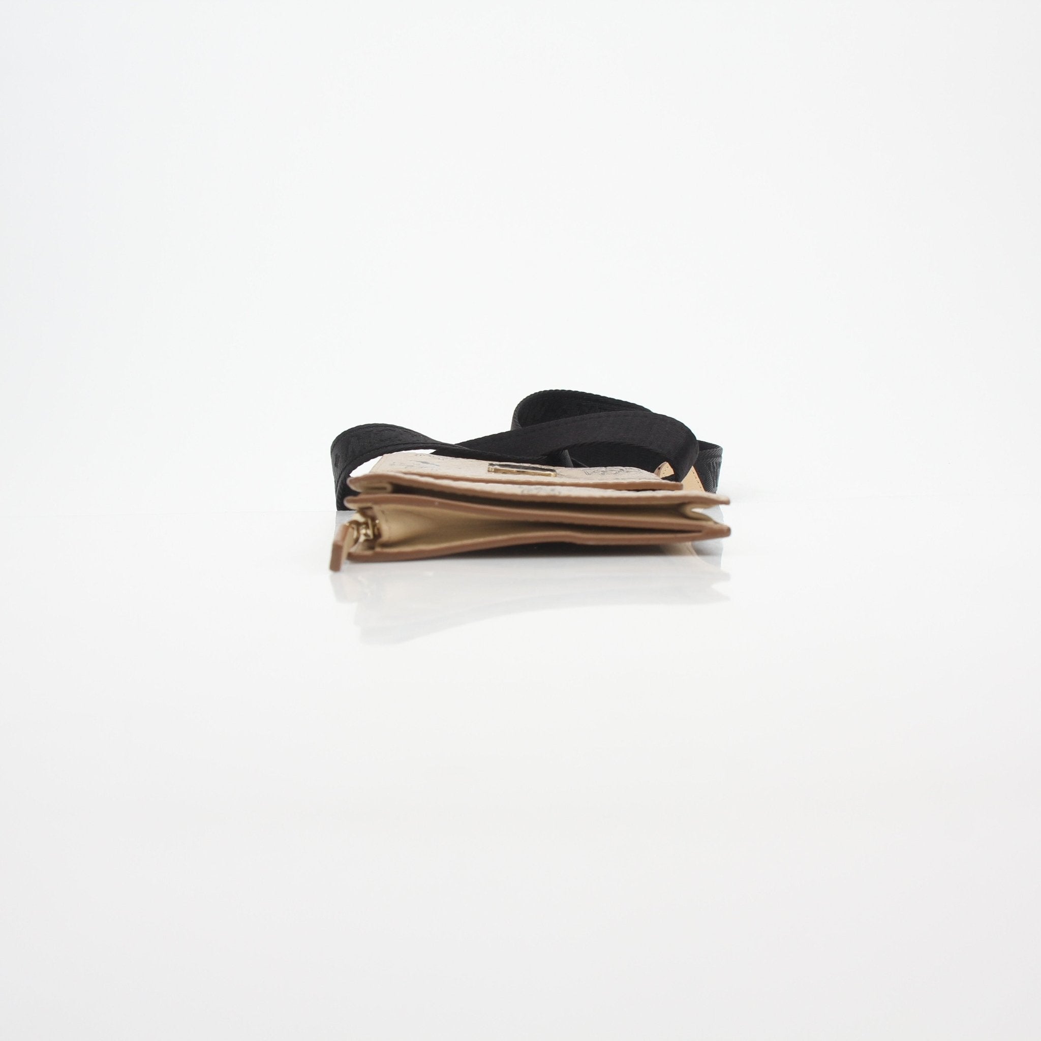 Gold & Beyond MCM Metallic Gold Visetos crossbody phone case with embossed logo and sleek design, accessory for smartphones.