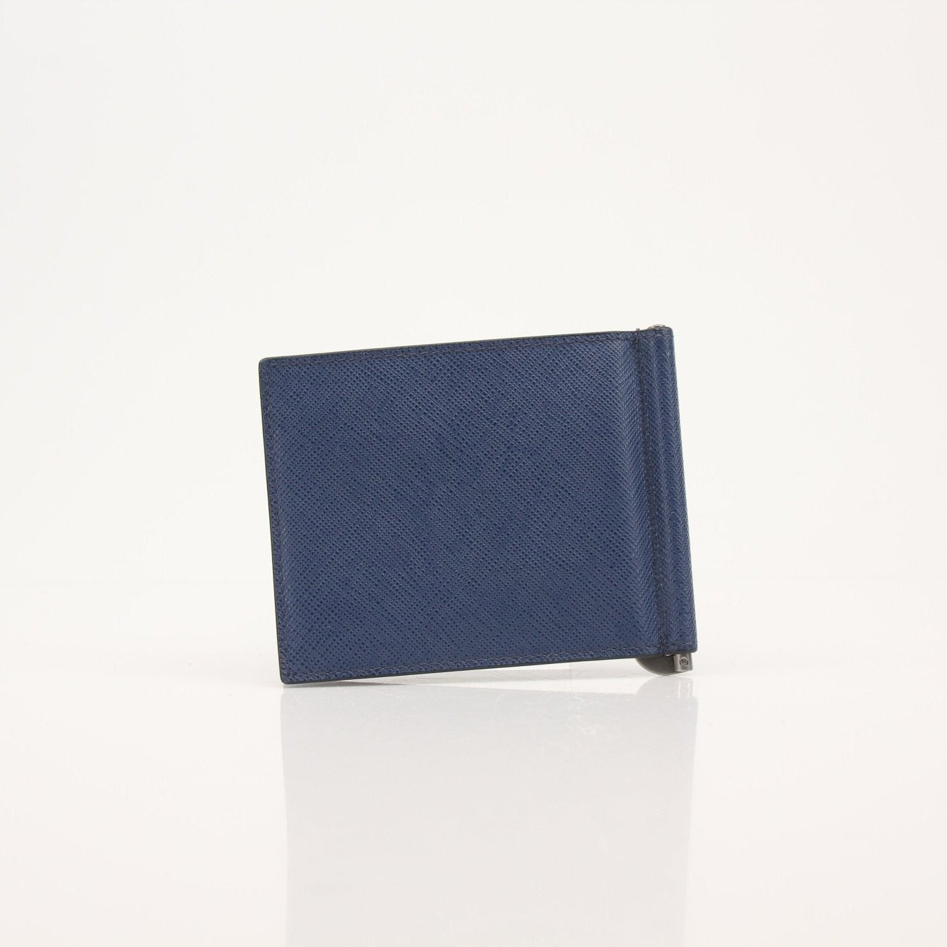 Gold & Beyond Prada Saffiano Leather Money Clip Wallet showing sleek saffiano leather exterior and compact design for cash and cards.